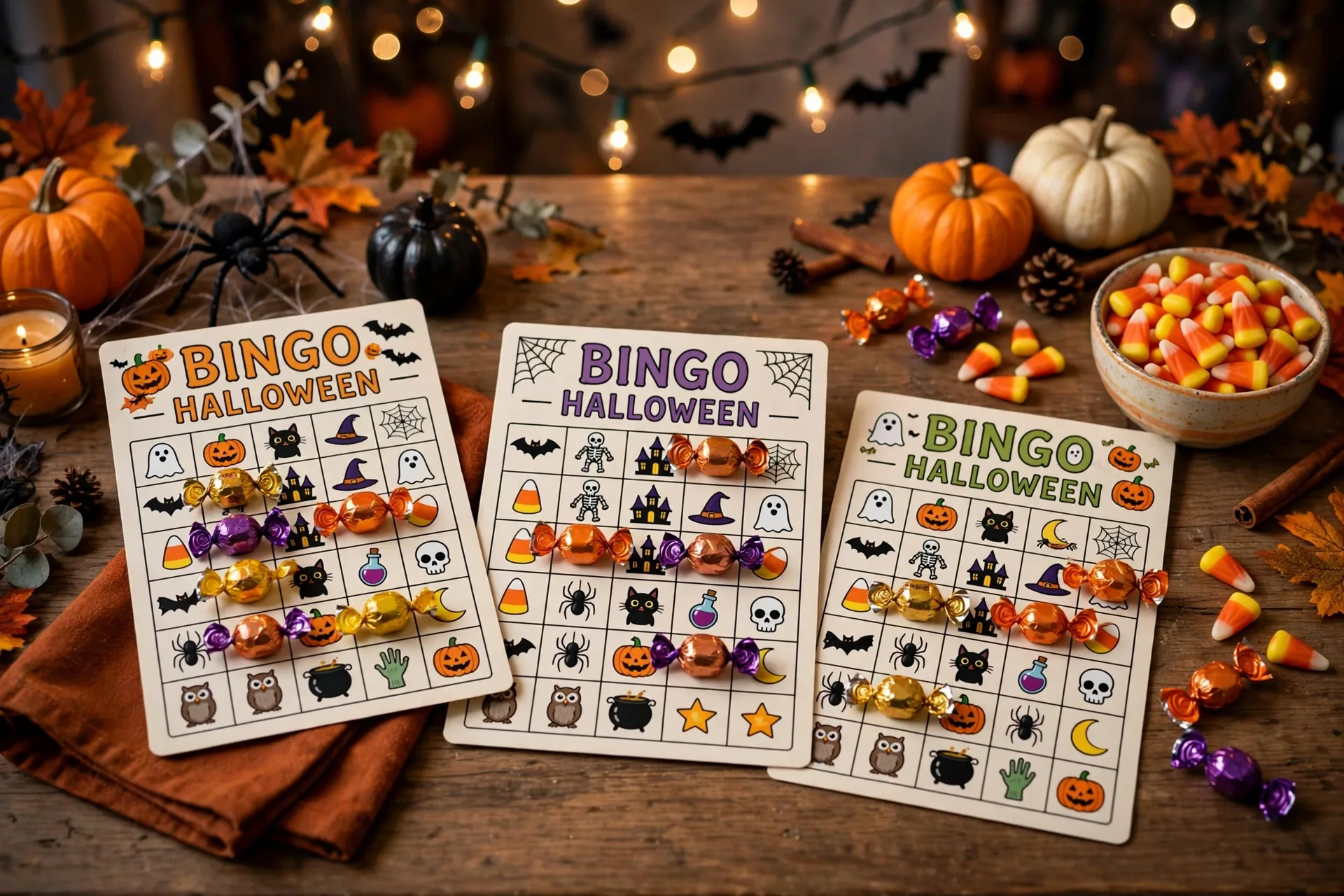 Halloween candy bingo game with candy markers on illustrated bingo cards
