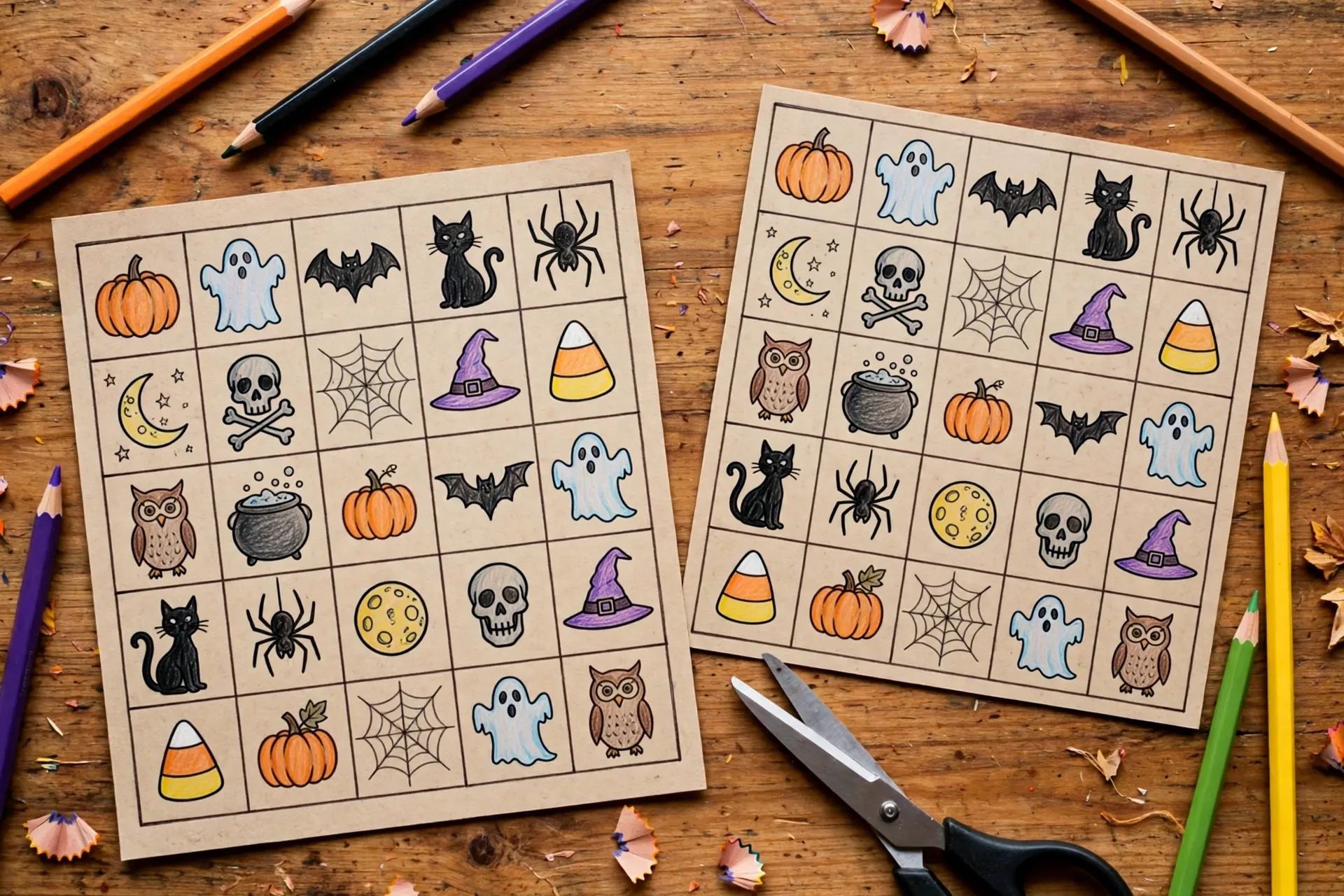 Close-up of hand-drawn DIY Halloween bingo cards on kraft paper with colored pencils