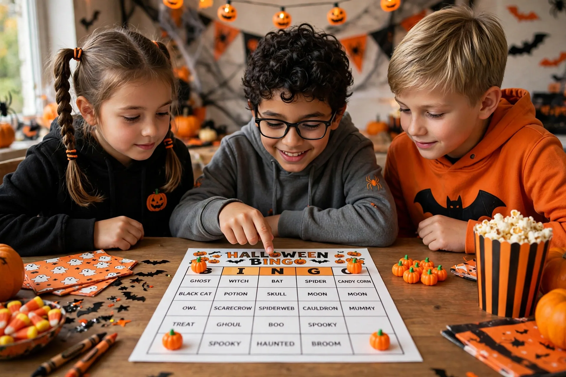 Kids playing four corners Halloween bingo with only the corner squares marked