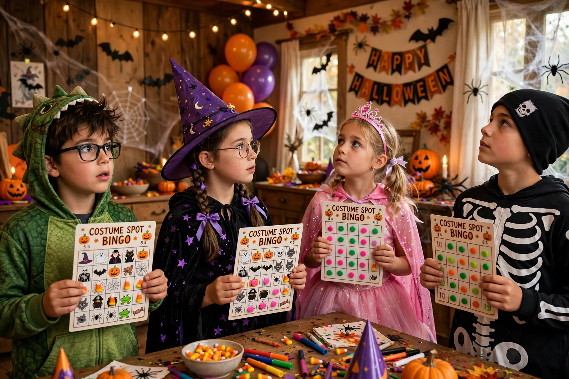 Kids in Halloween costumes playing costume-spot bingo at a party