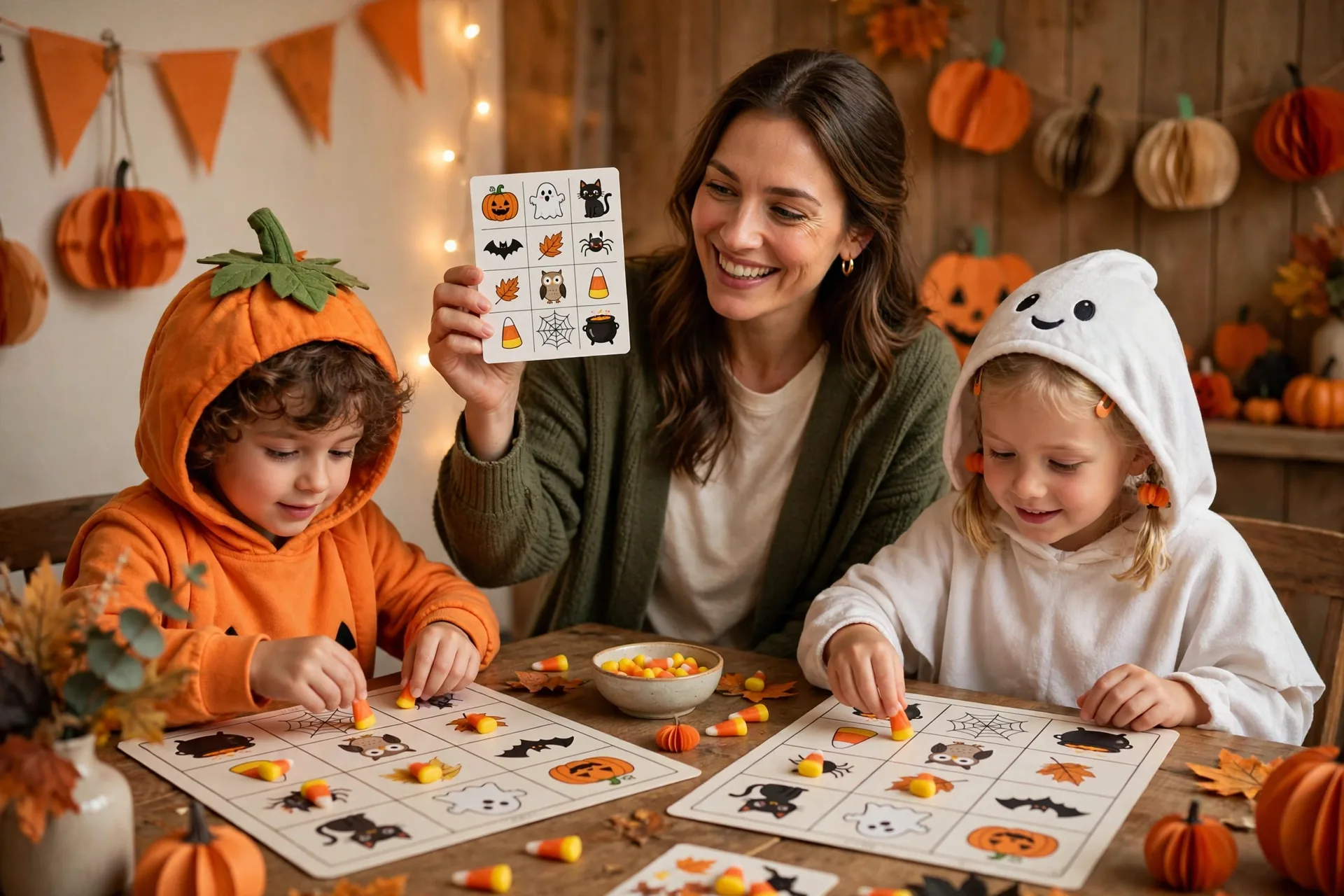 Mom calling Halloween bingo for two small children in costumes at a party table