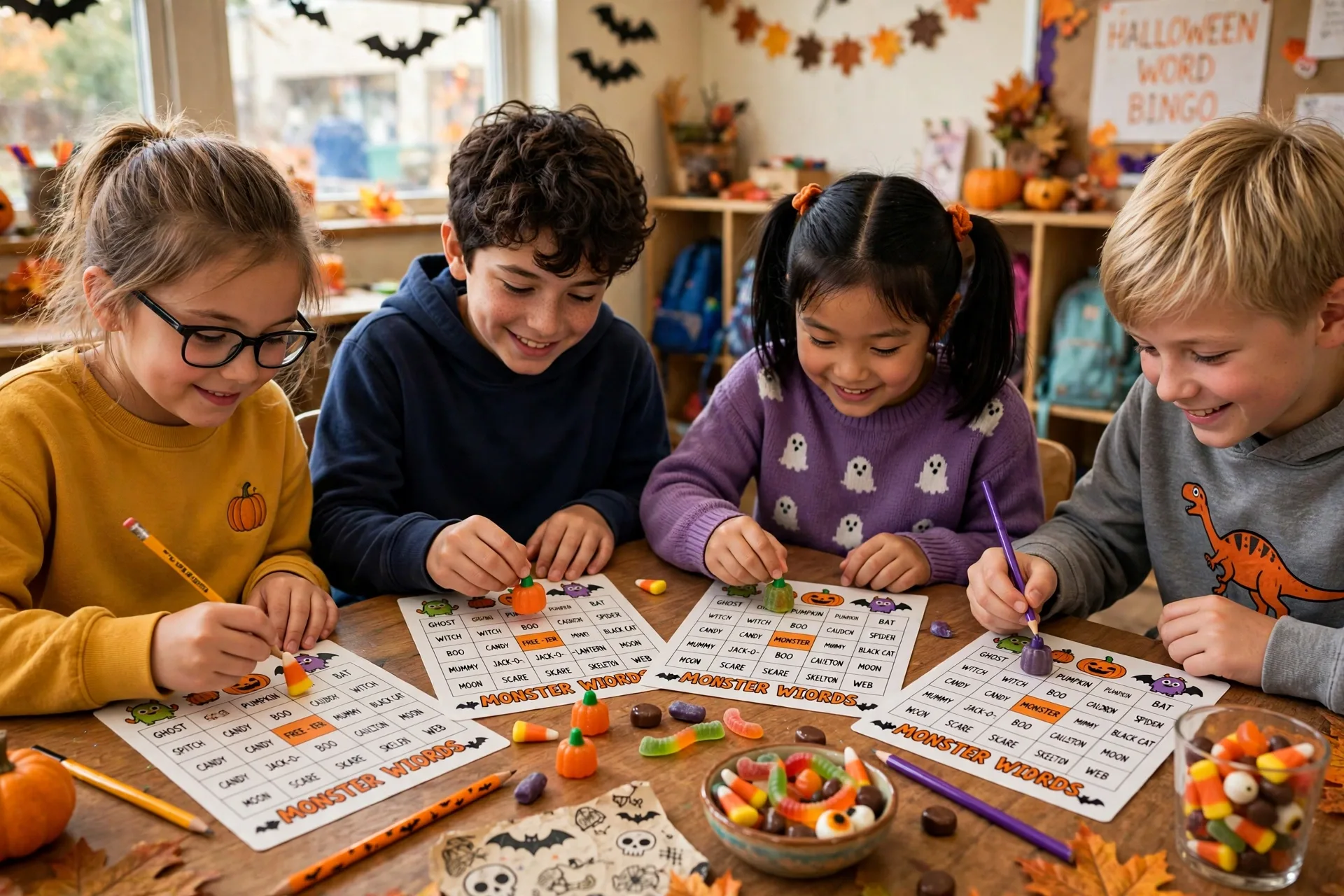 Kids reading monster words bingo cards with Halloween vocabulary at a table