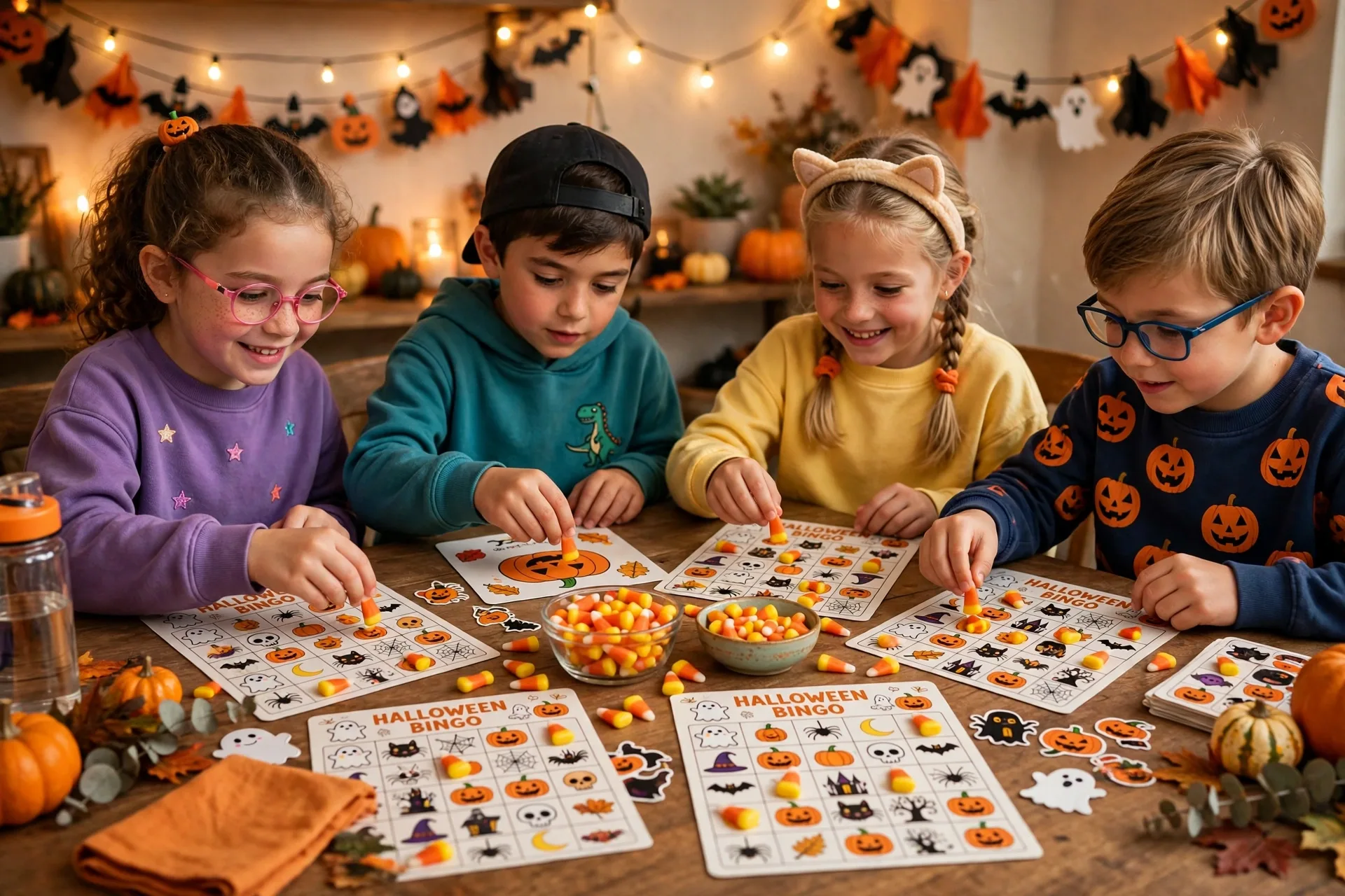 Kids playing spooky picture bingo with illustrated Halloween cards at a party table
