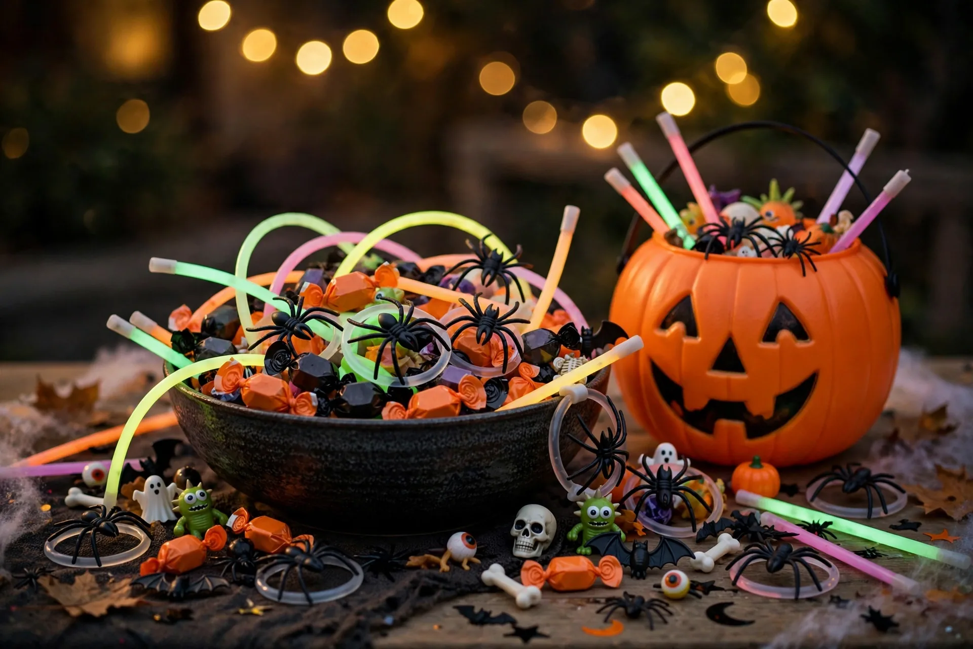 Halloween prize bowl with glow sticks, candy, and spider rings on a party table