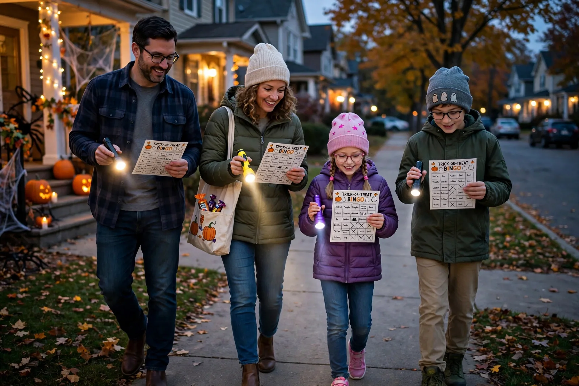 Family playing trick-or-treat night bingo on a walk with flashlights and bingo cards