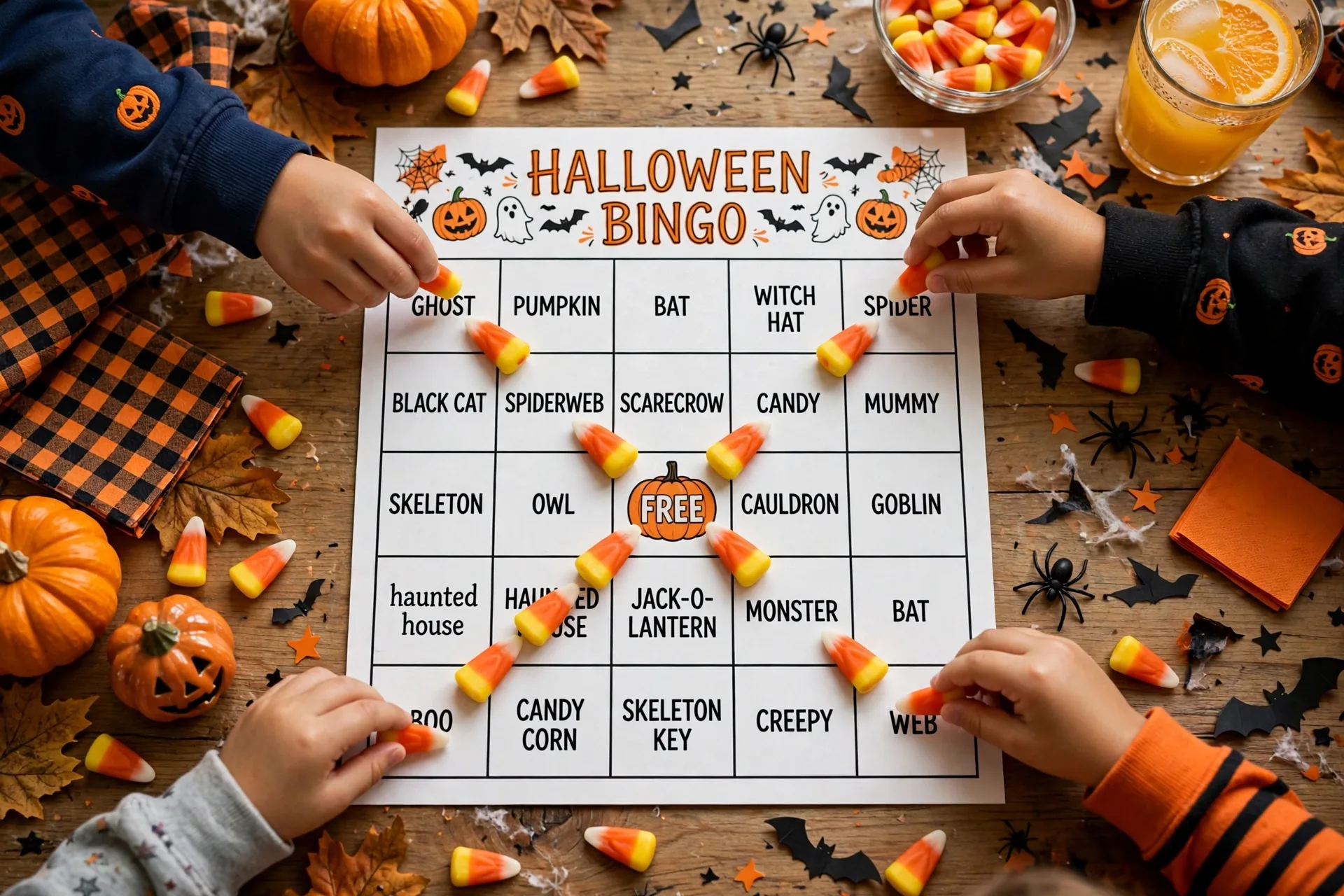 Kids playing X marks the spot Halloween bingo with an X pattern of markers on the card