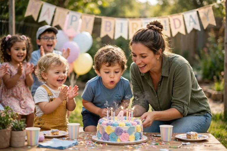 Mom helping her 4-year-old blow out candles on a birthday cake while her 2-year-old and party guests cheer in the backyard