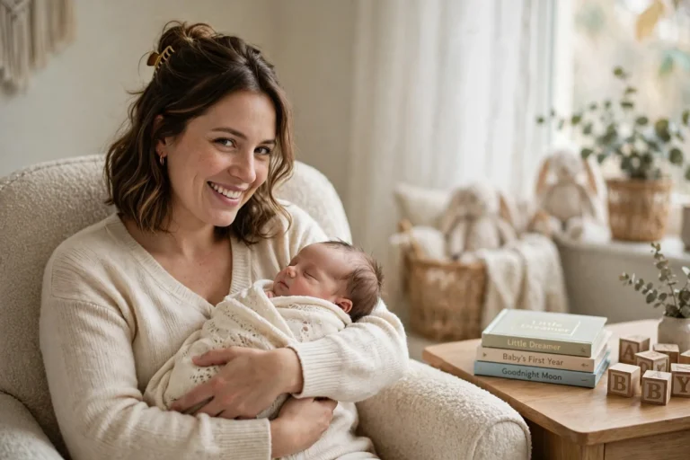 Mom holding her newborn baby in a cozy nursery with letter blocks and baby books