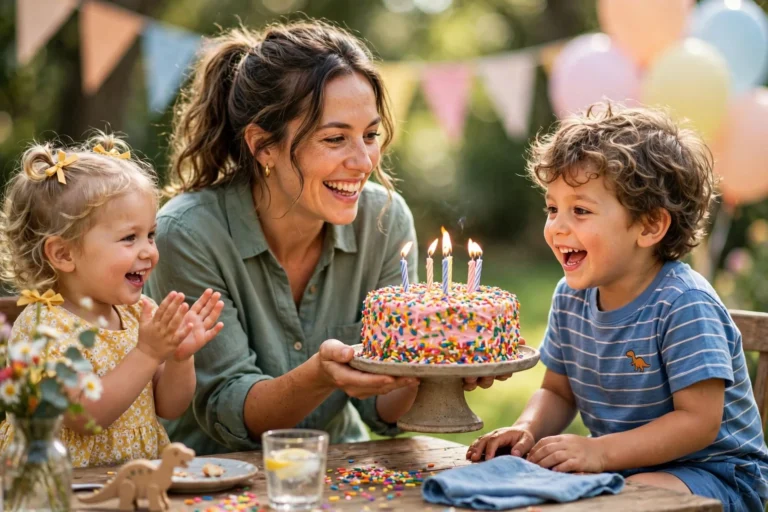 Mom presenting a rainbow sprinkle birthday cake with lit candles to her excited kids at a birthday table