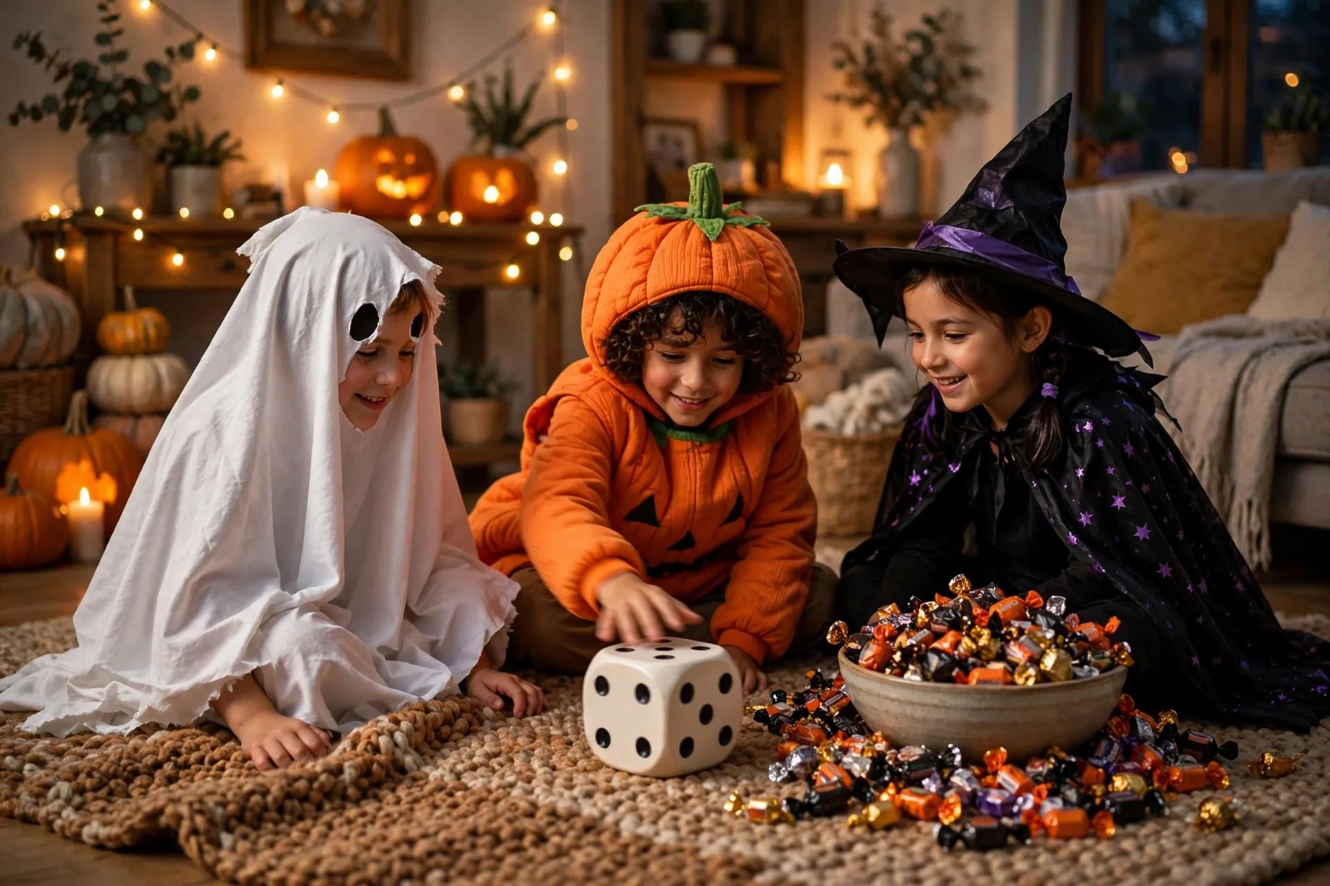 Kids in Halloween costumes sitting in a circle on a living room rug, rolling a die next to a big bowl of wrapped candy