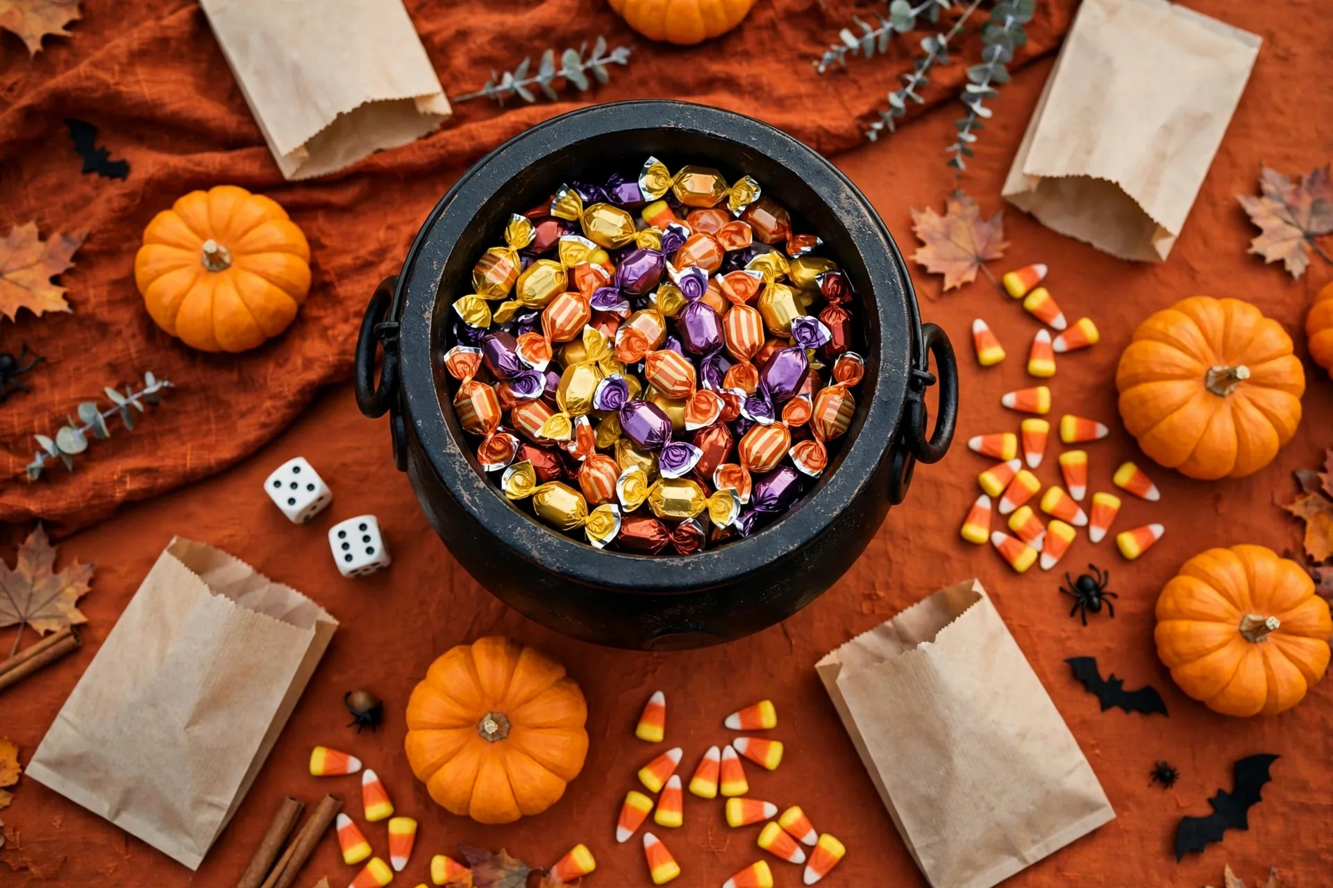 Overhead view of a Halloween party table with a candy bowl centerpiece, dice, and treat bags
