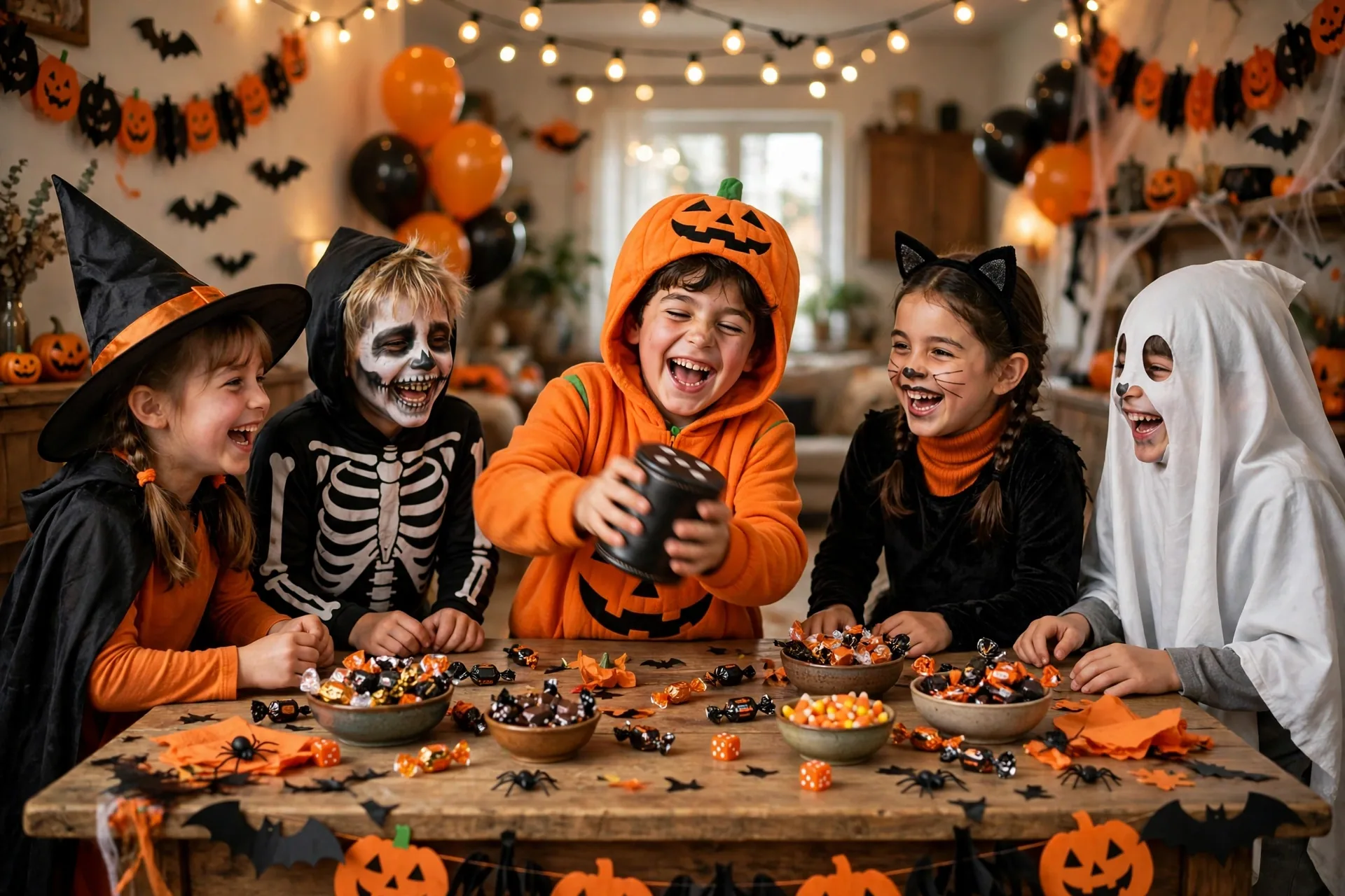 Kids in cute Halloween costumes playing the candy dice game at a party table with candy bowls