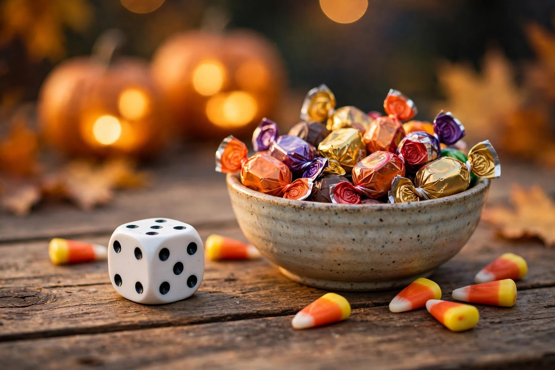 Close-up of a single white die next to a bowl of wrapped Halloween candy on a wooden table