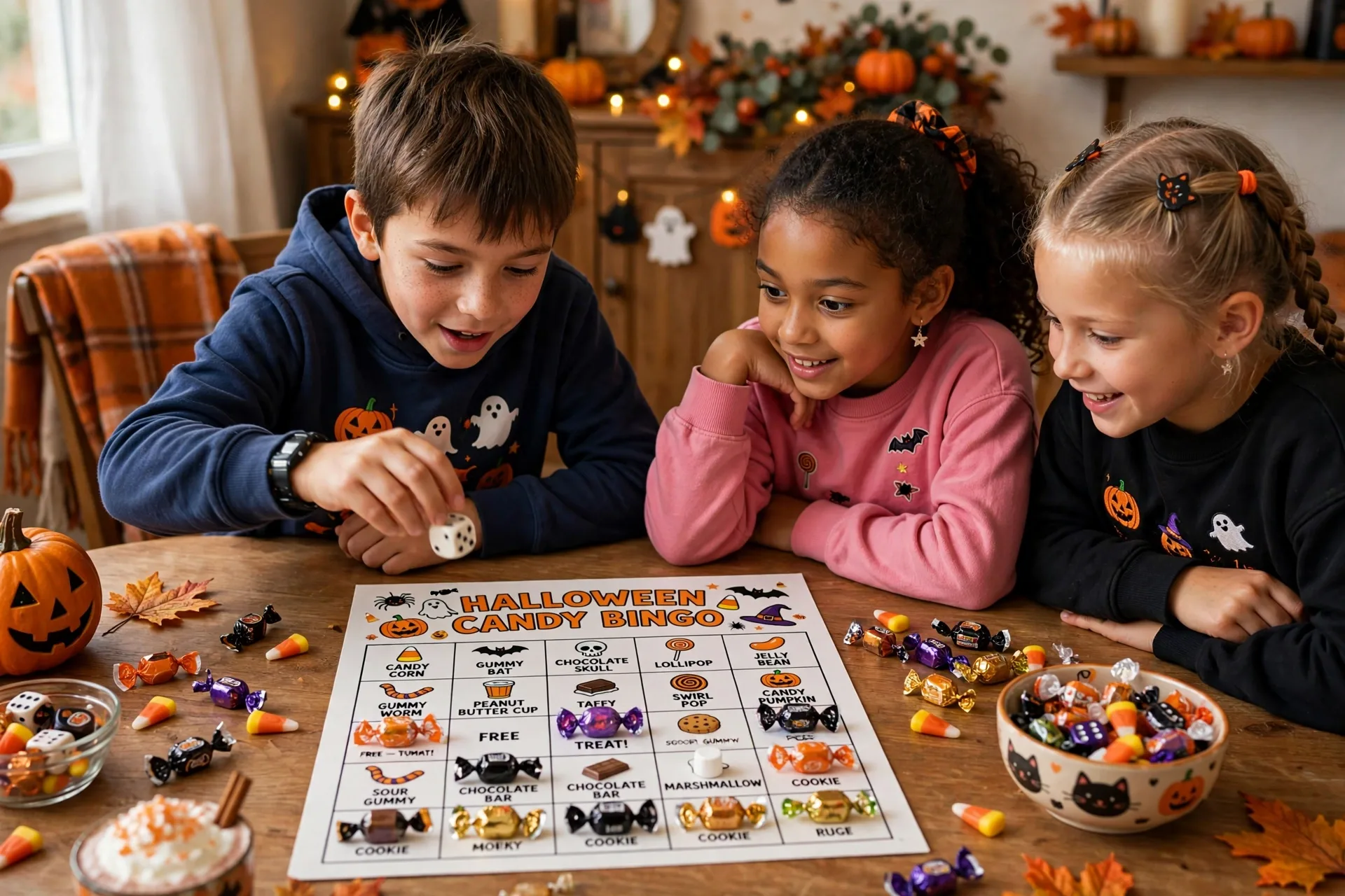 Kids playing candy dice bingo with a bingo board and wrapped candy markers