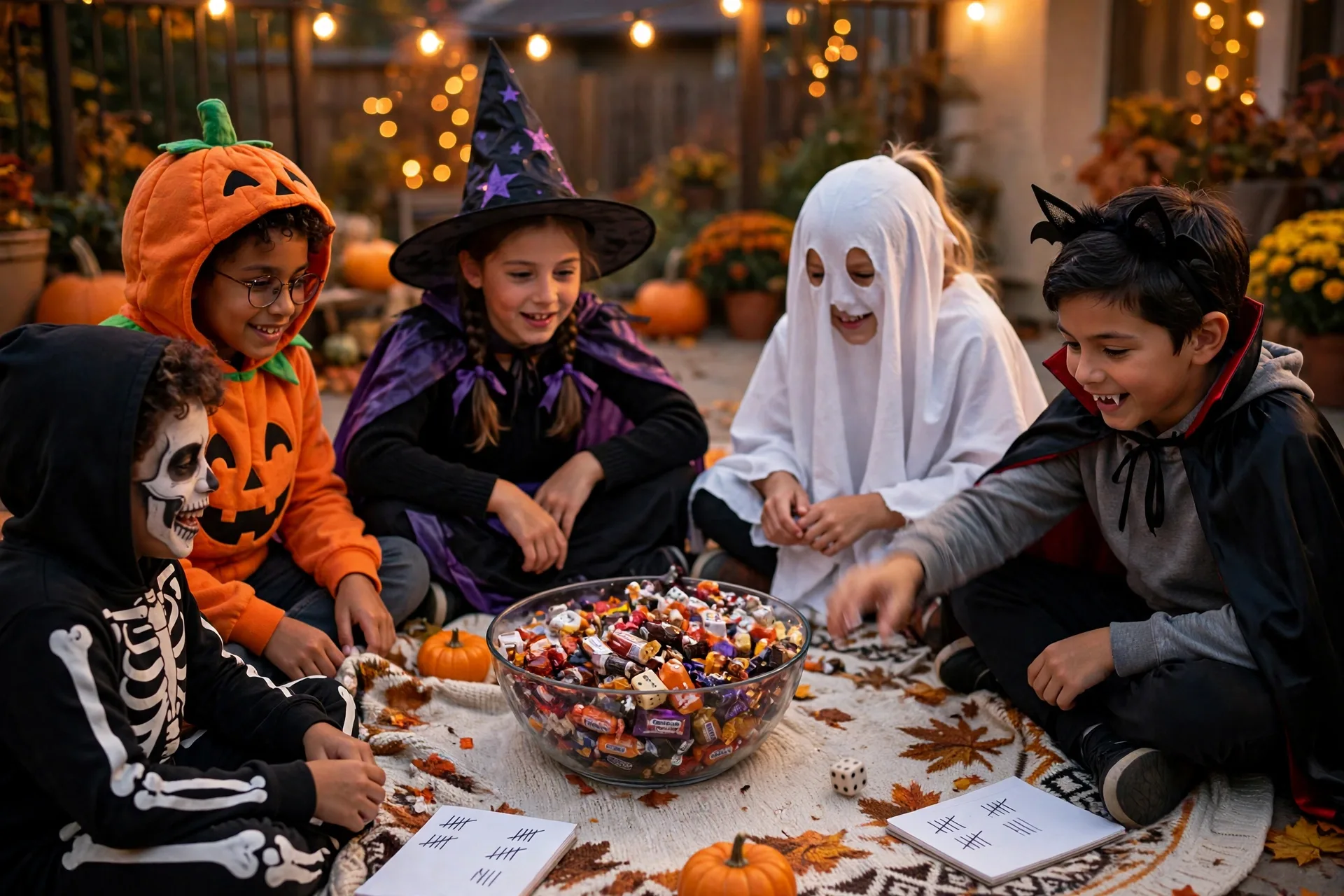 Kids playing the classic Halloween candy dice game in a circle with a bowl of wrapped candy