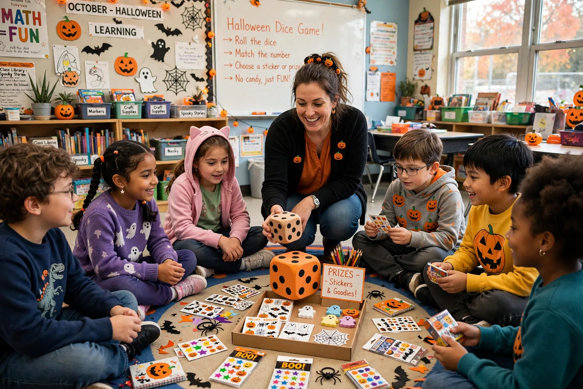 Teacher leading a no-candy classroom version of the Halloween dice game with stickers