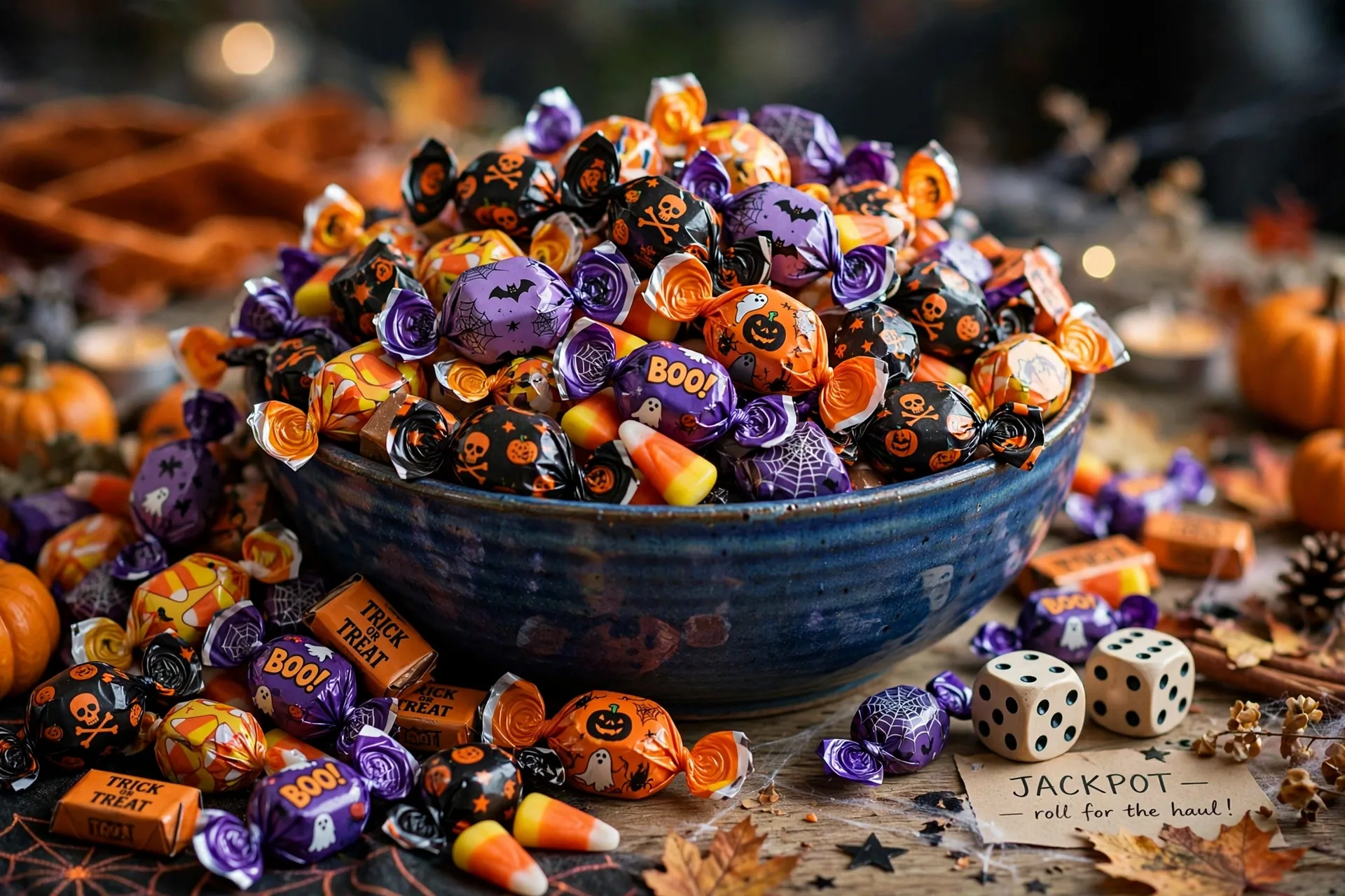 A jackpot bowl overflowing with wrapped Halloween candy for the candy dice game