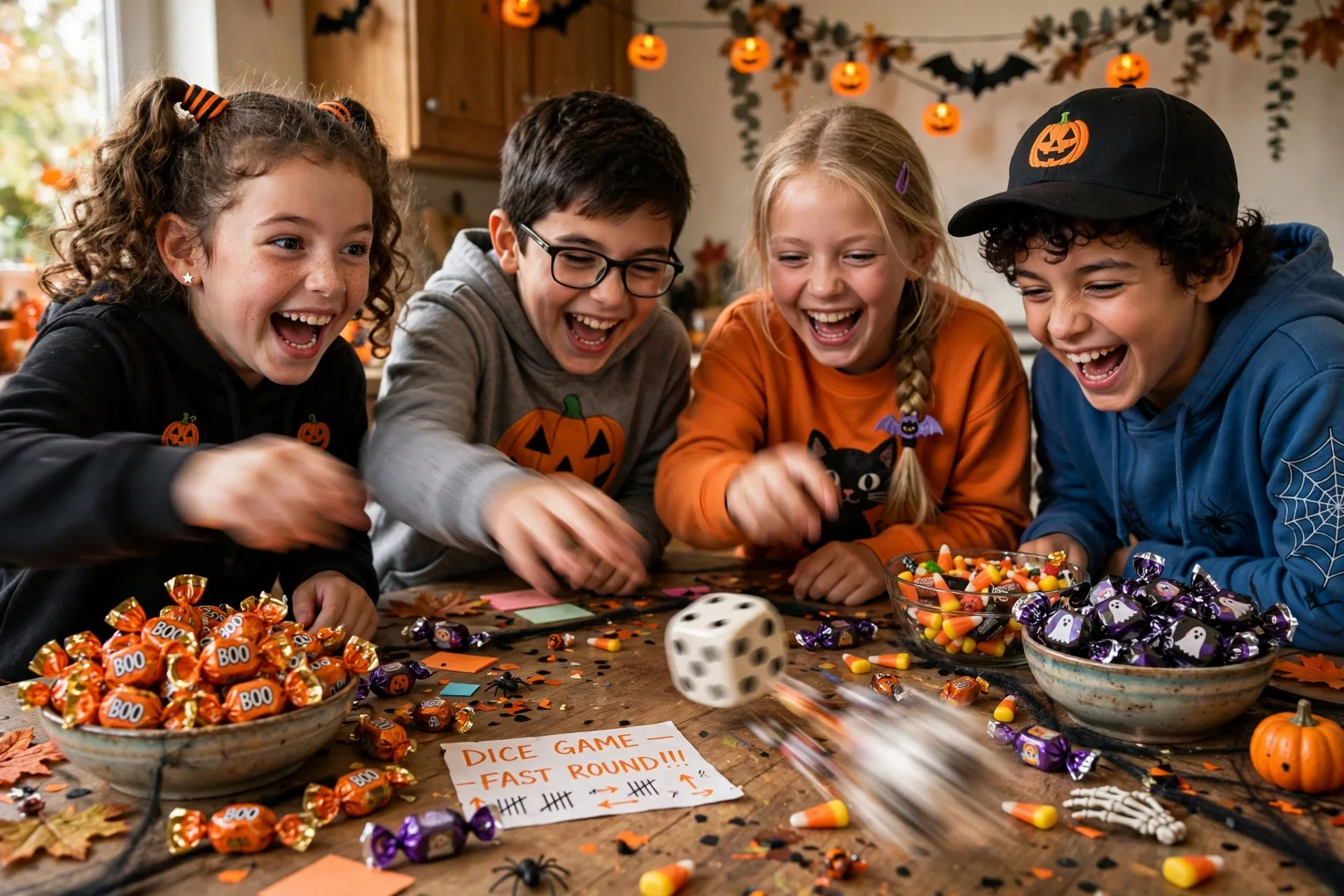 Kids playing a fast speed round of the Halloween candy dice game with dice flying