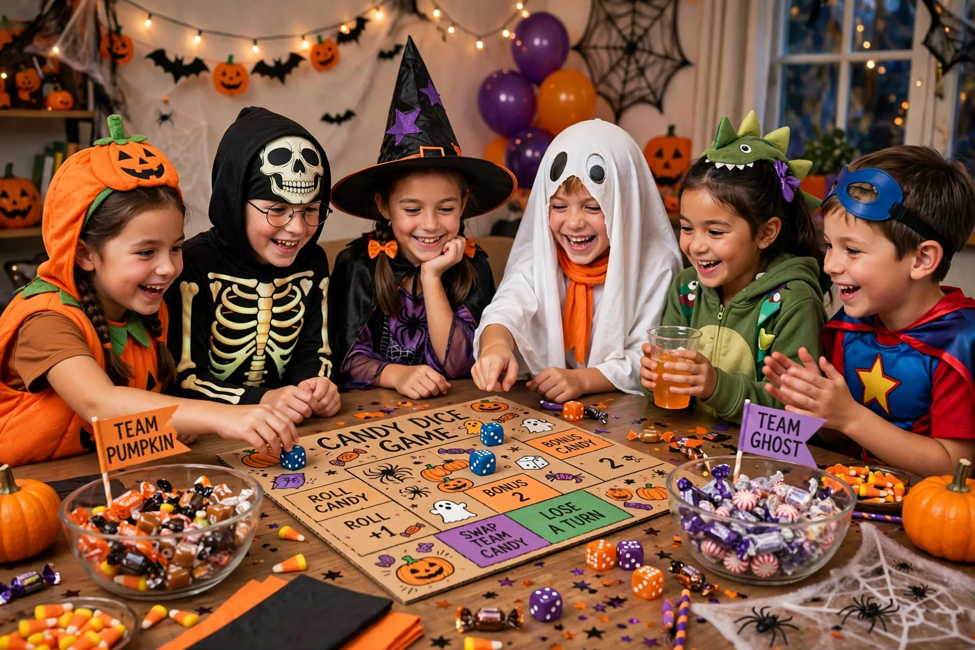Two teams of kids playing the Halloween candy dice game together at a party table