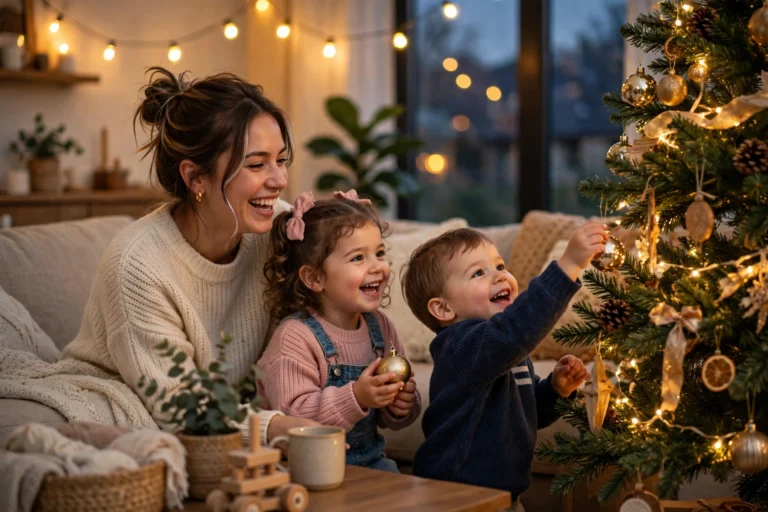 Mom and two young kids decorating a Christmas tree with gold ornaments in a cozy living room