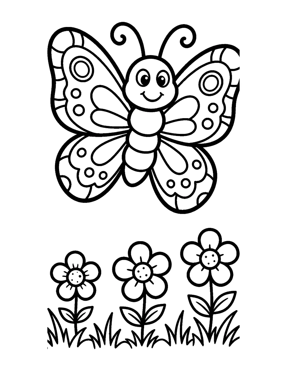 Free printable butterfly coloring page for kids - a smiling butterfly with patterned wings over flowers