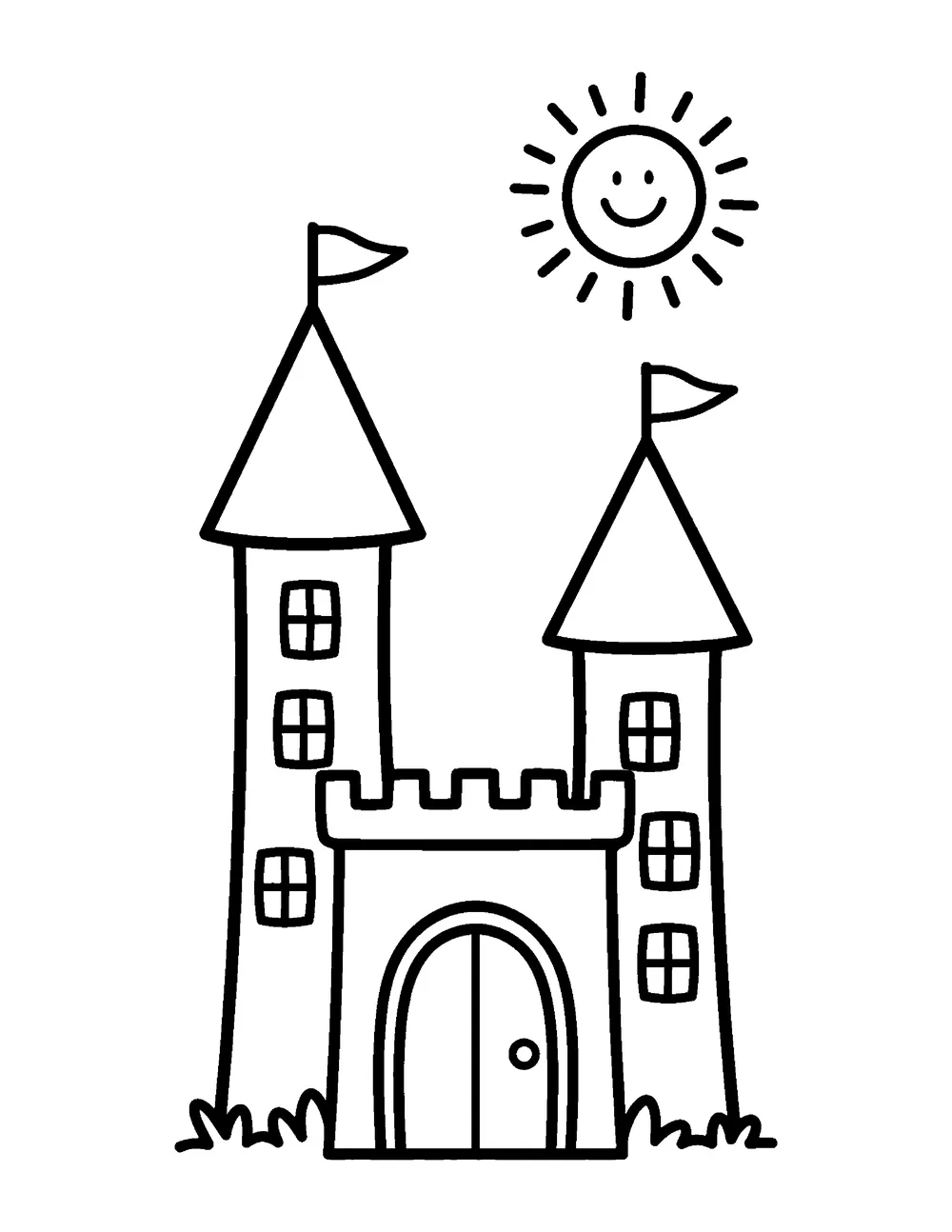 Free printable castle coloring page for kids - a fairy-tale castle with two towers, flags and a smiling sun
