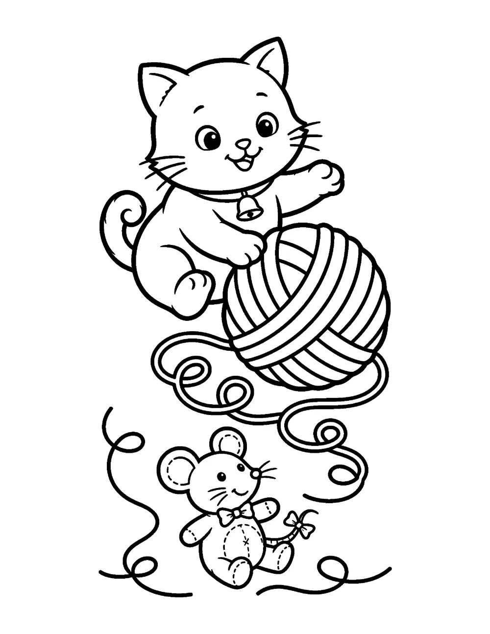 Free printable cat coloring page for kids - a playful kitten with a big ball of yarn and a toy mouse