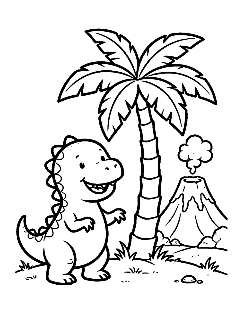 Free printable dinosaur coloring page for kids - a smiling baby T-rex beside a palm tree and a volcano