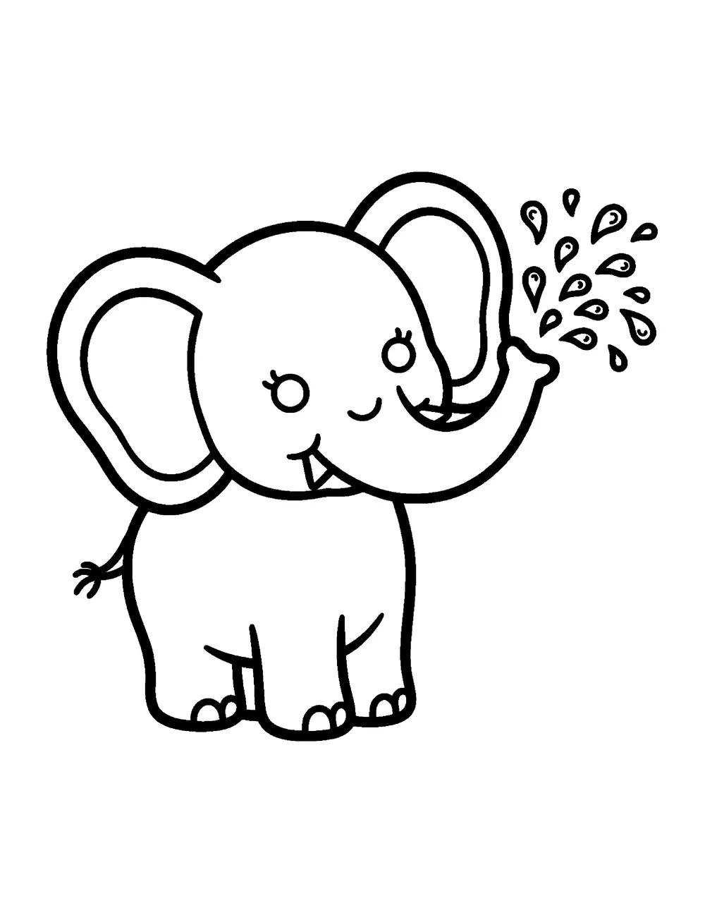 Free printable elephant coloring page for toddlers - a baby elephant spraying water from its trunk