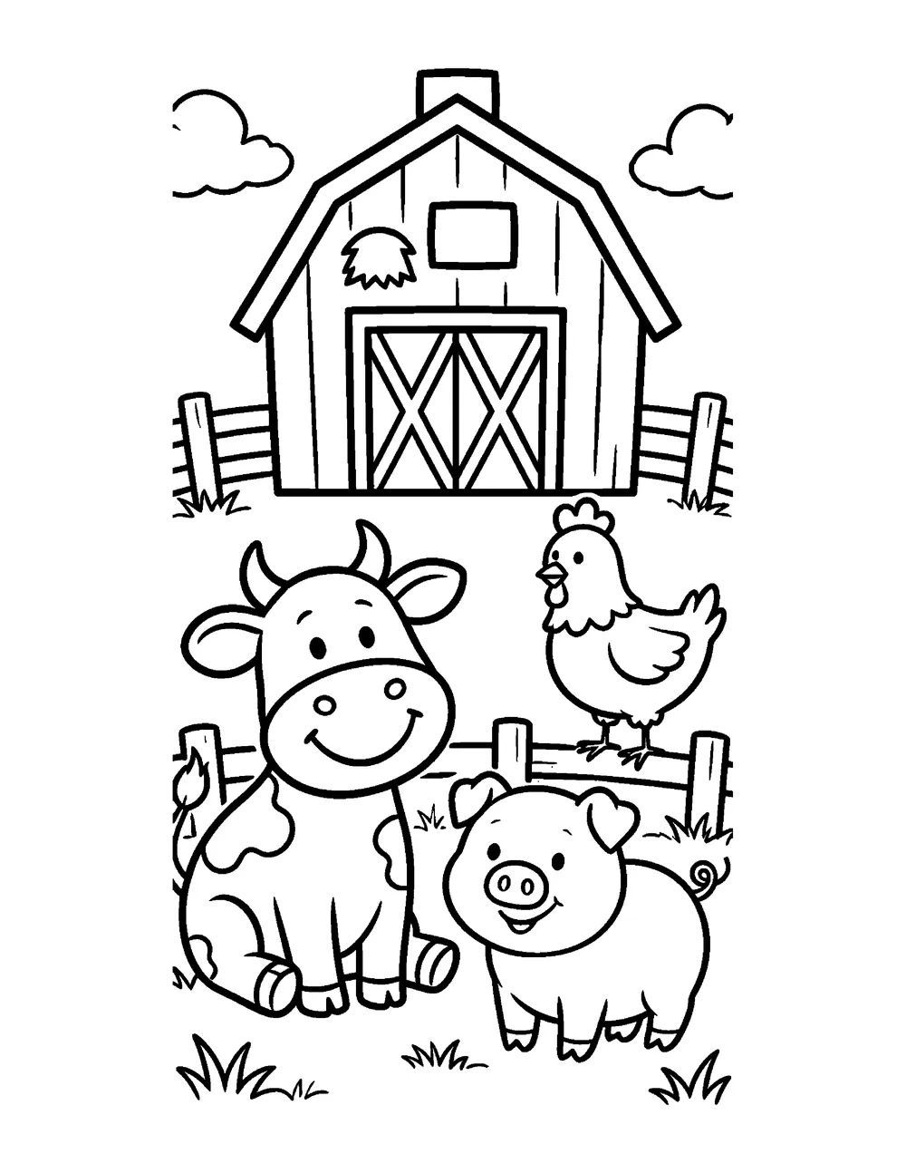 Free printable farm coloring page for kids - a barn with a cow, a pig and a chicken