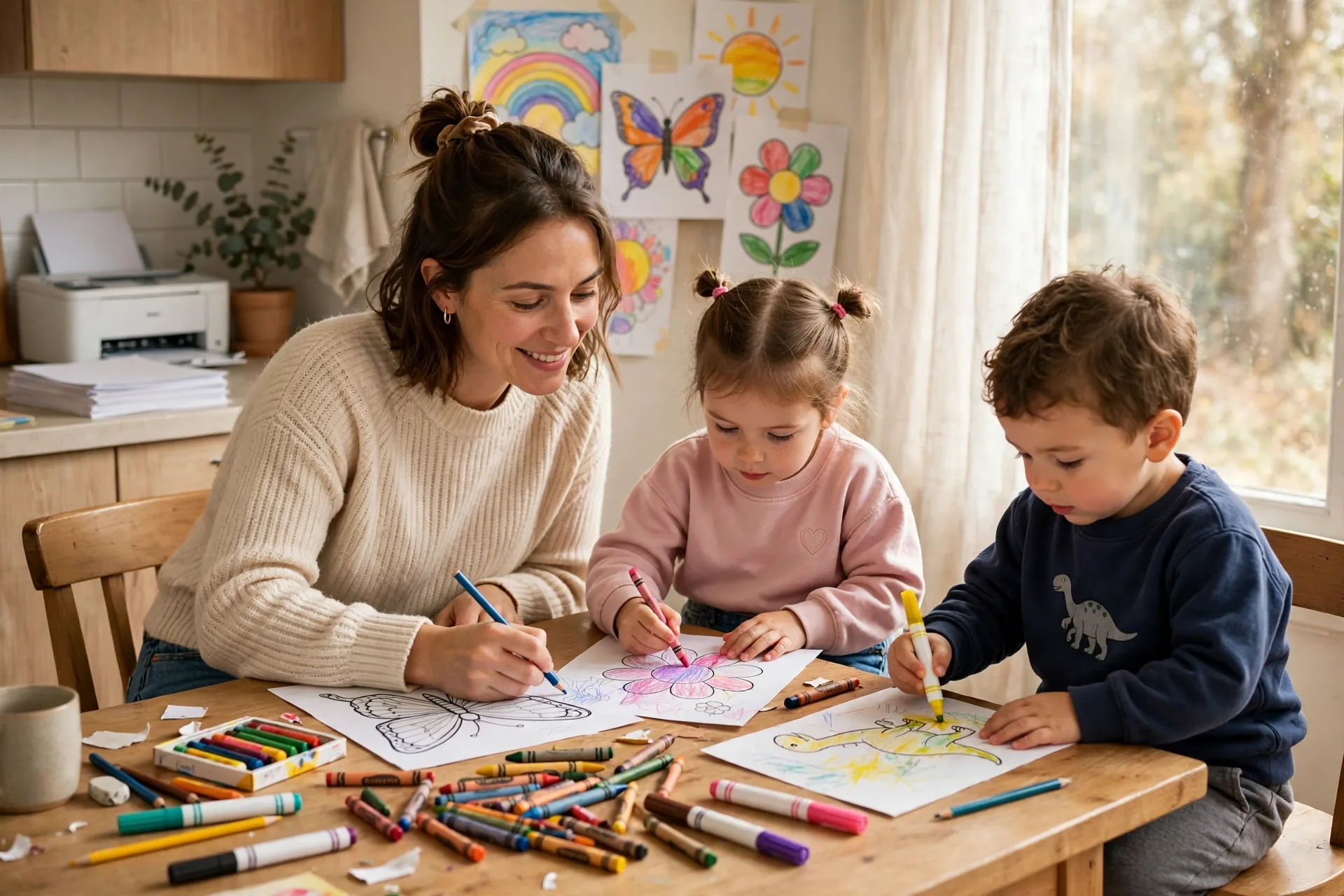 Mom coloring printed pages at a kitchen table with her 4-year-old and 2-year-old, crayons and markers everywhere and finished pages on the wall