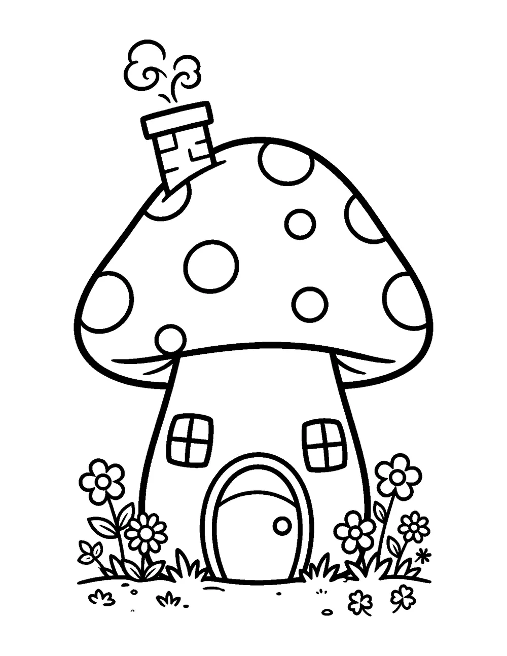 Free printable mushroom house coloring page for kids - a spotted mushroom cottage with a chimney and flowers