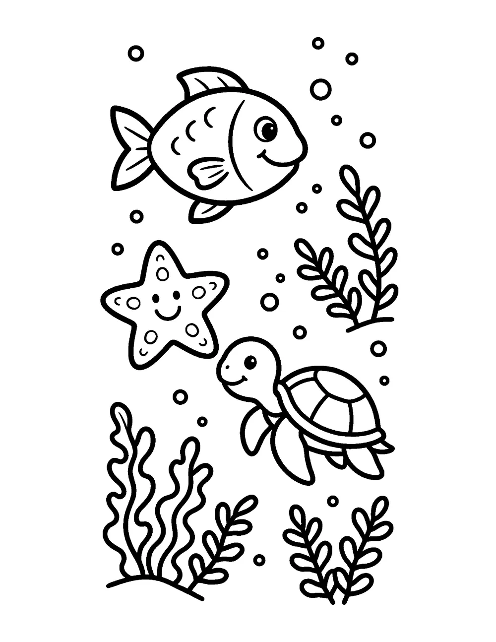 Free printable ocean coloring page for kids - a fish, sea turtle and starfish with seaweed and bubbles