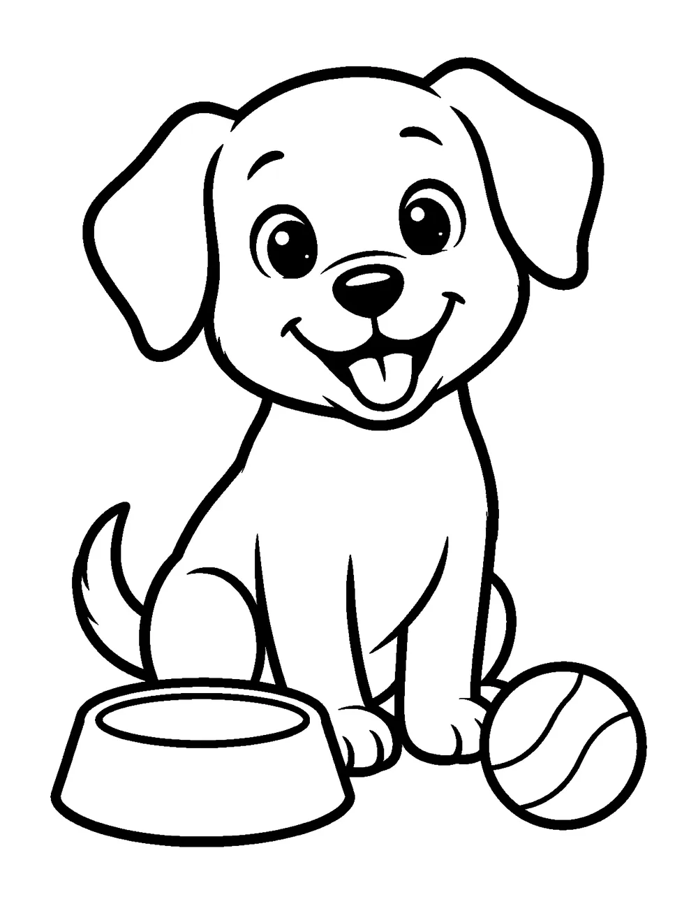 Free printable puppy coloring page for kids - a happy puppy with its food bowl and a ball