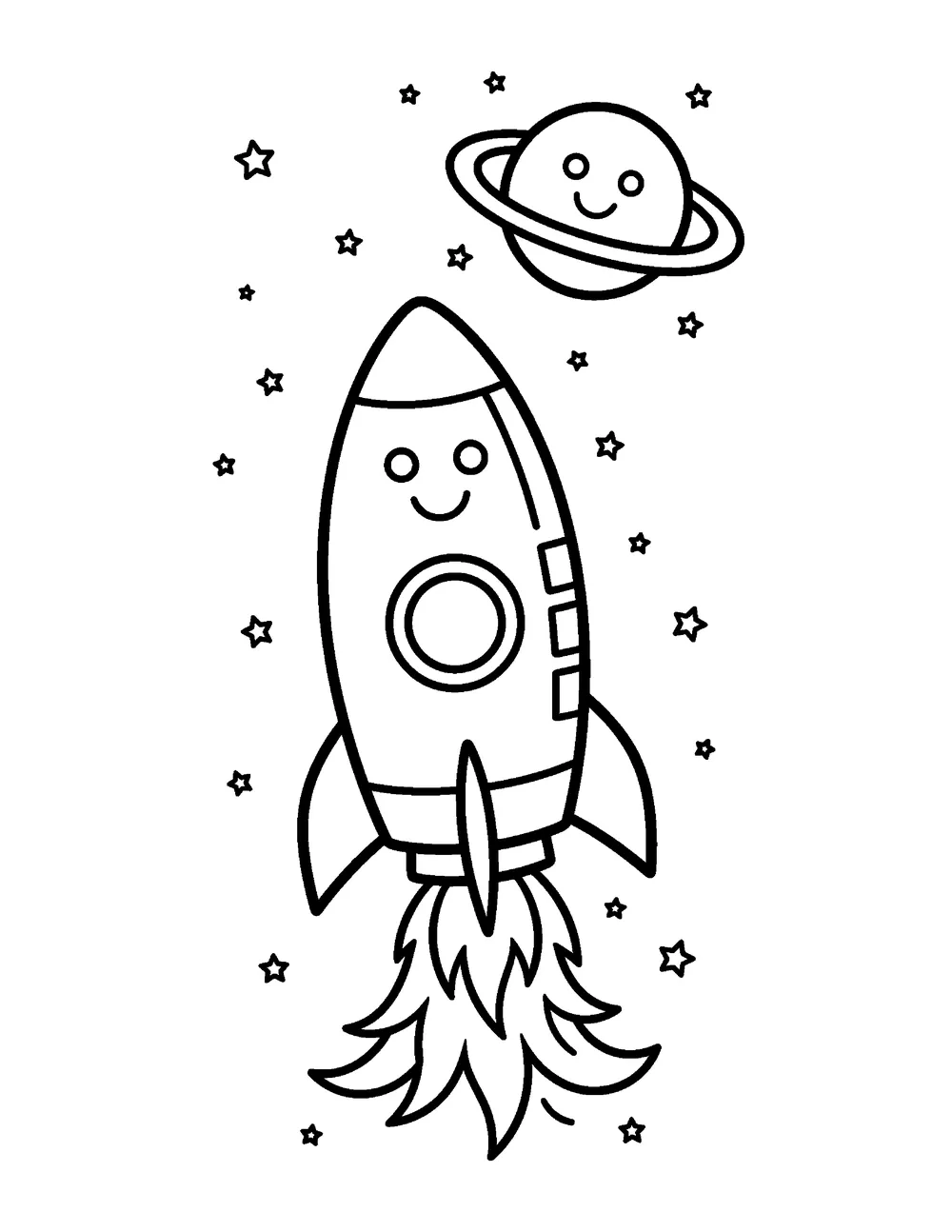 Free printable rocket ship coloring page for kids - a smiling rocket blasting off past a ringed planet and stars