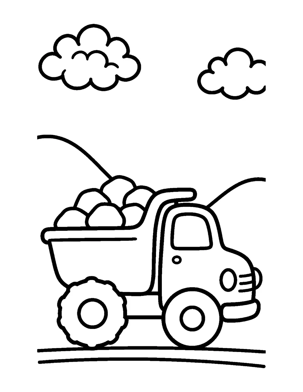 Free printable truck coloring page for kids - a dump truck carrying rocks under the clouds