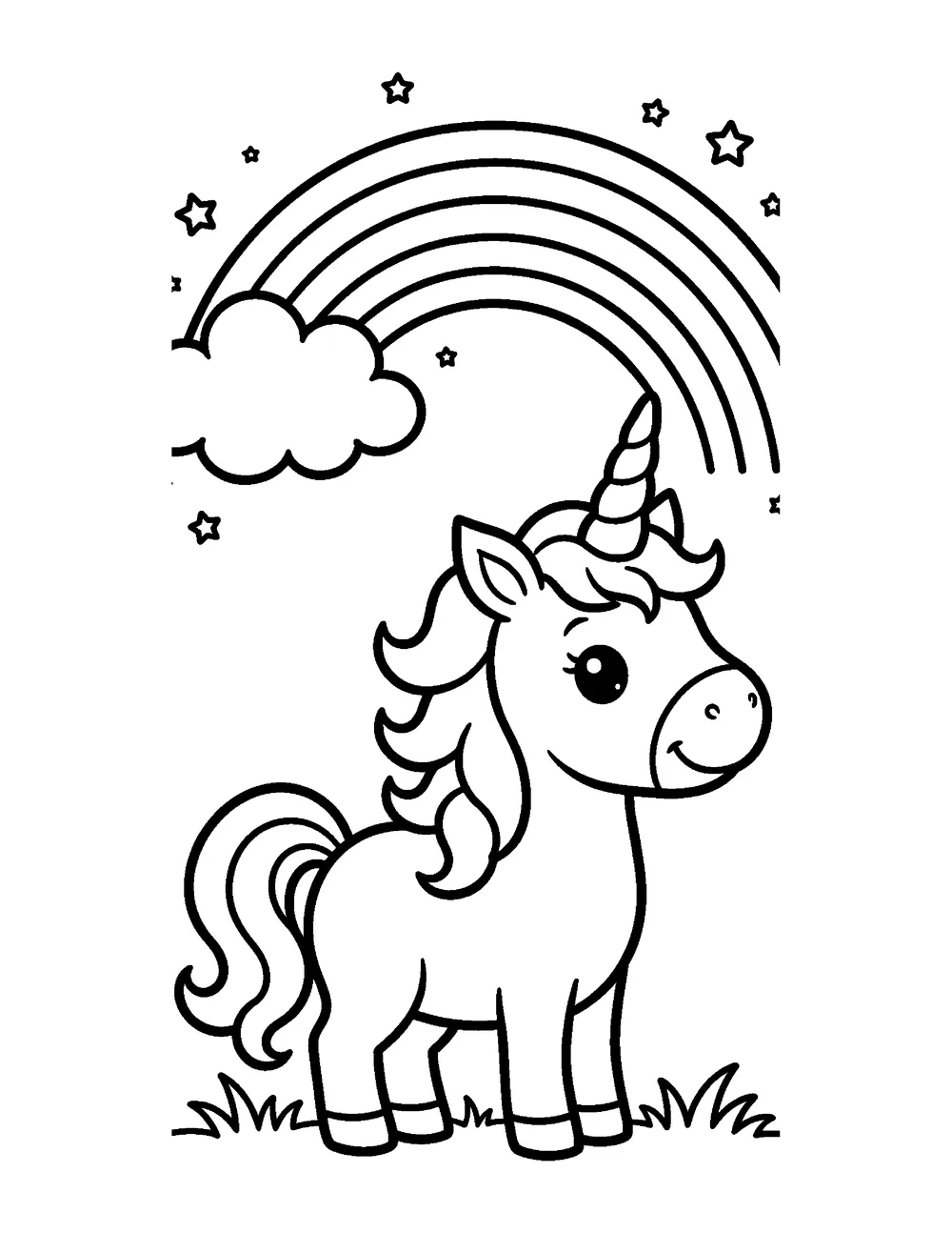Free printable unicorn coloring page for kids - a cute unicorn with a rainbow, cloud and stars