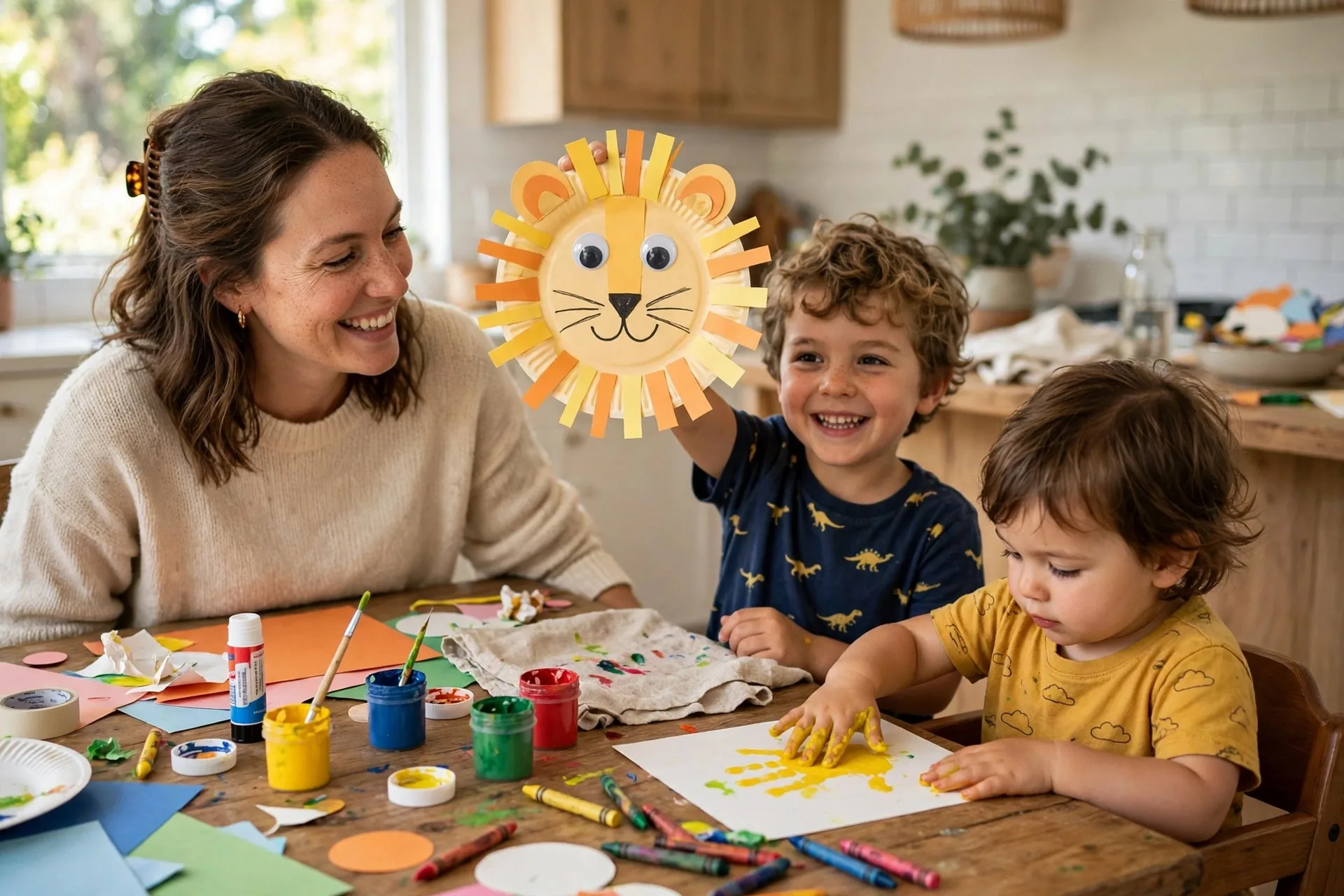 Mom and two young kids crafting at a table, the older child holding up a paper plate lion craft while the toddler finger paints