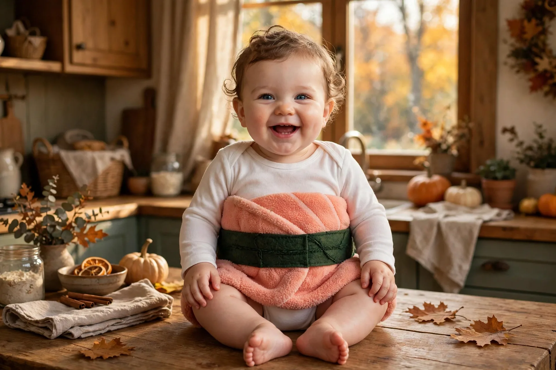 Baby dressed as a sushi nigiri costume with a salmon-pink fleece wrap and dark green nori band, sitting on a kitchen table