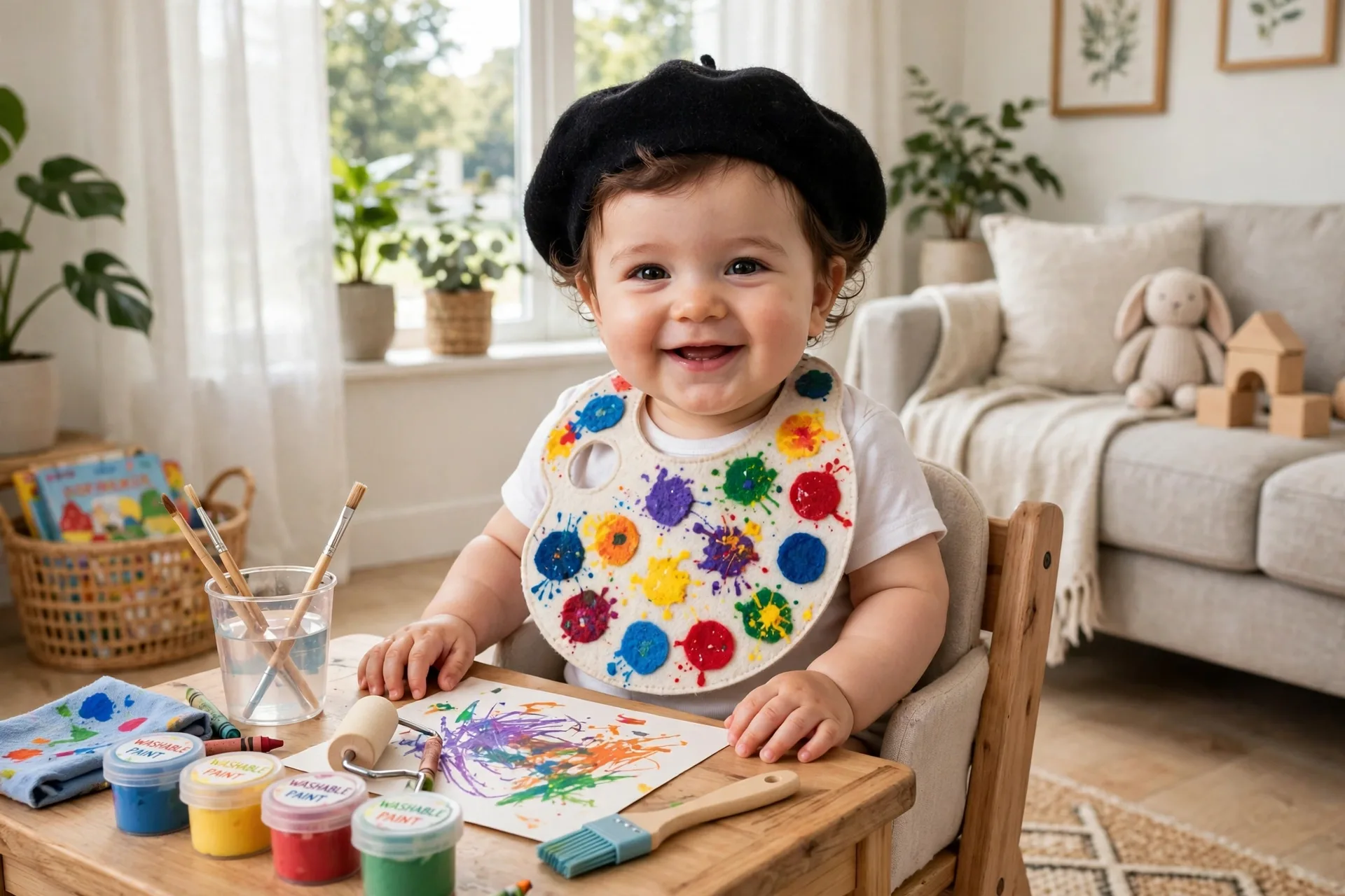 Baby dressed as a tiny artist with a hand-painted felt palette bib and soft black felt beret, sitting at a small table