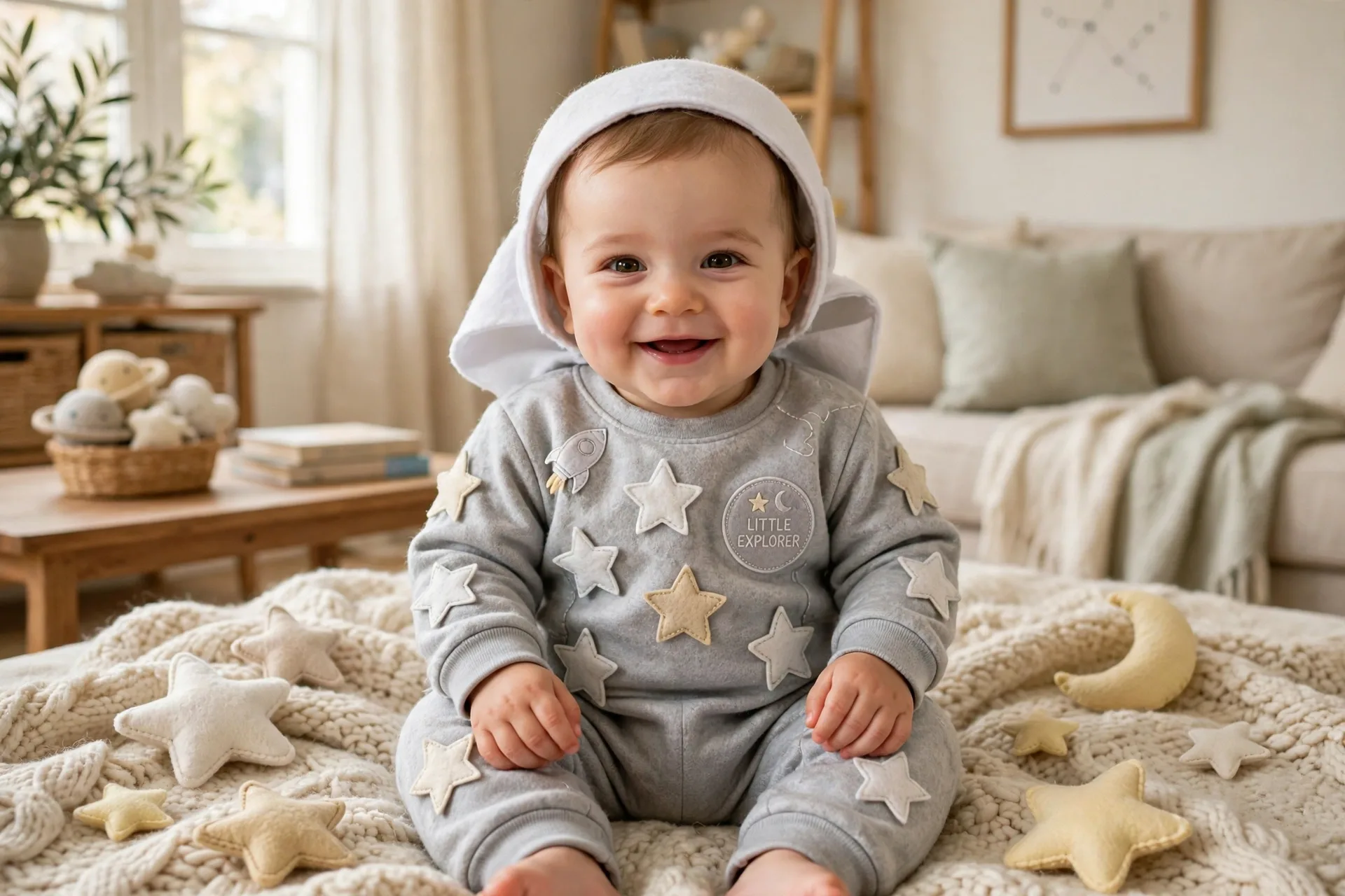 Baby dressed as a little astronaut with a silver-gray onesie, felt stars and soft helmet hood, sitting on a soft blanket