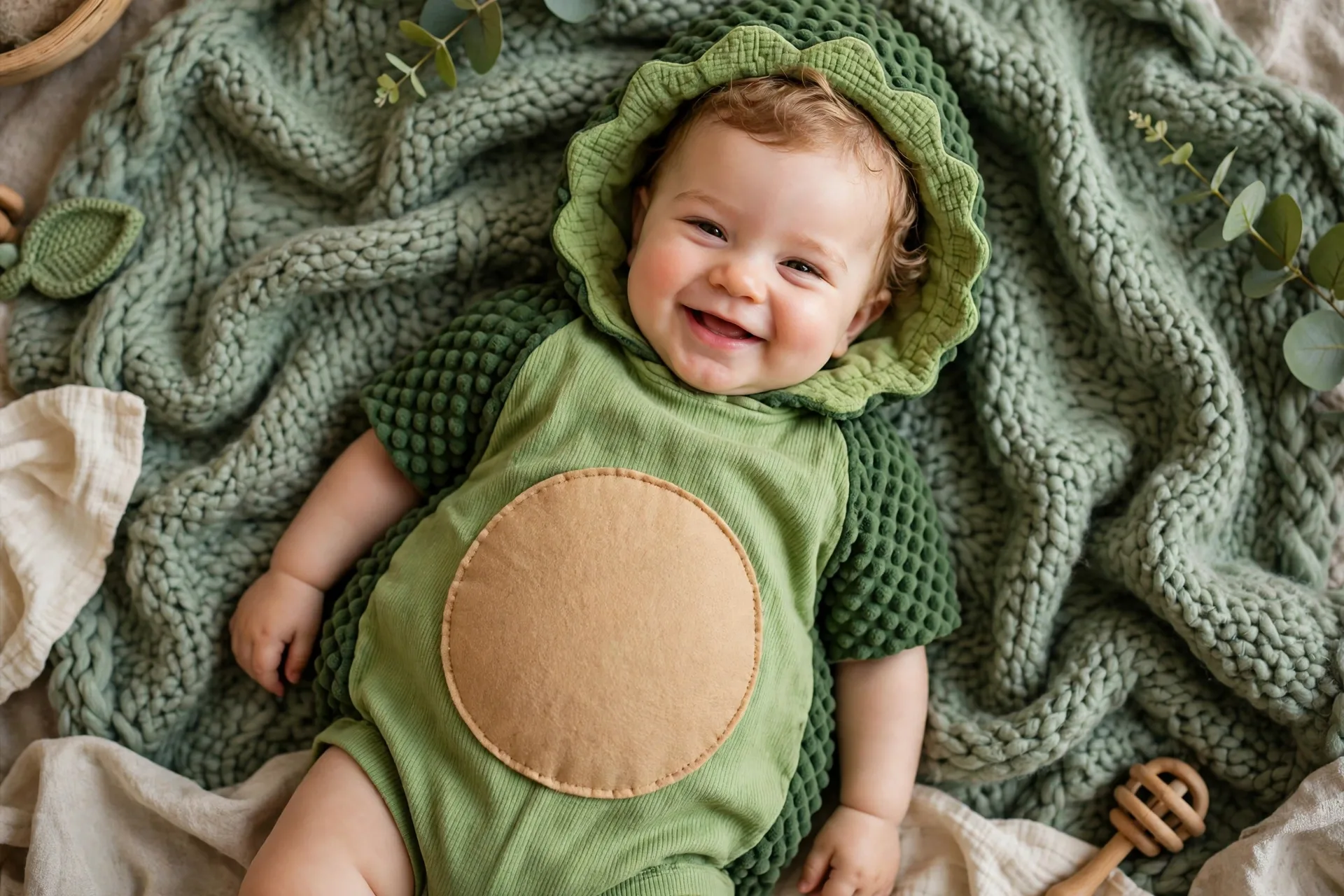 Baby dressed as an avocado half costume with a green onesie and a large tan felt pit on the tummy, lying on a soft green blanket