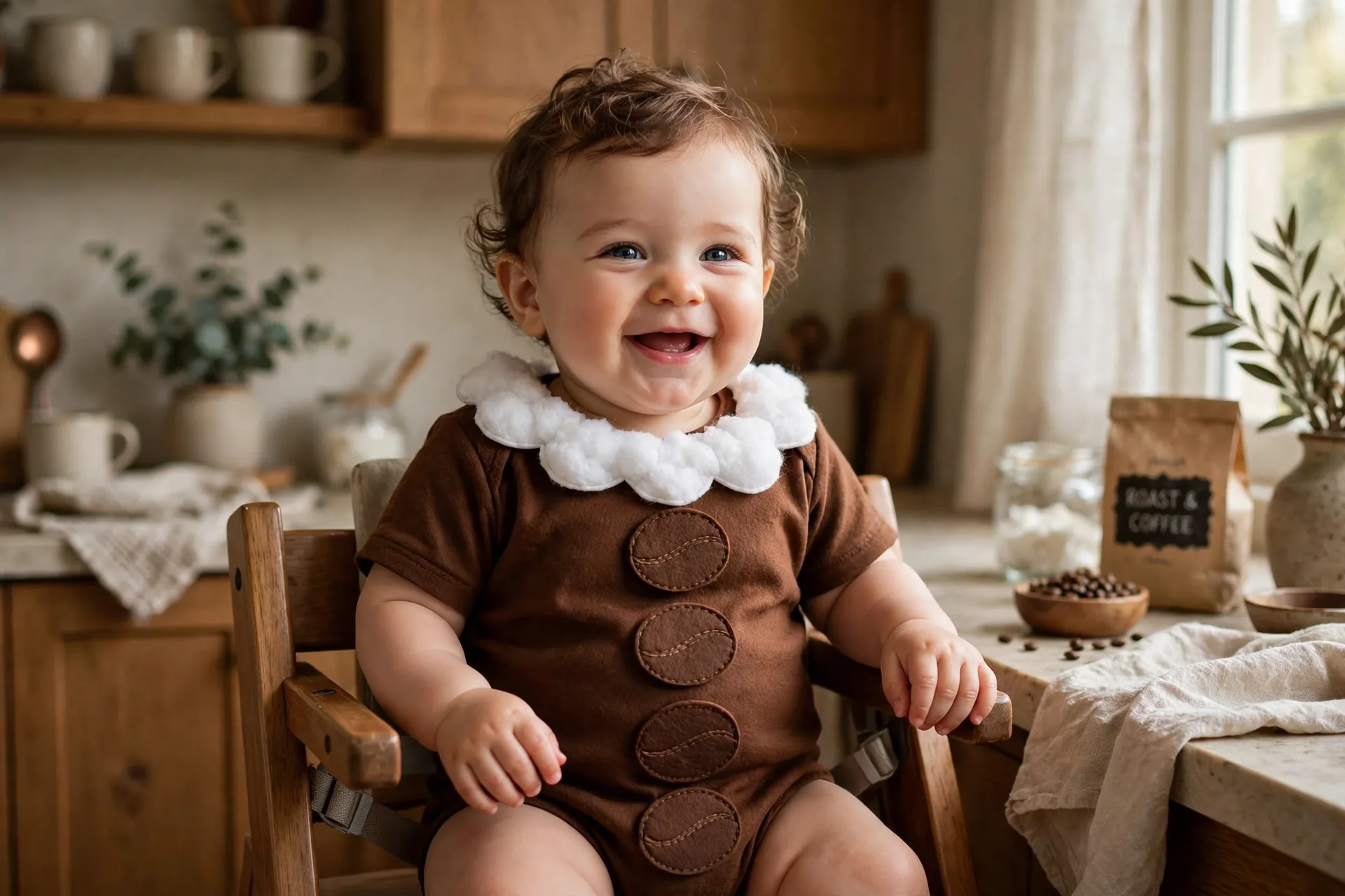Baby dressed as a little barista with a brown onesie, white foam collar and coffee bean ovals, sitting in a high chair