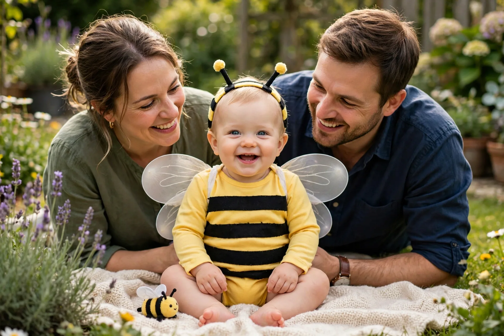 Baby dressed as a little bumblebee costume with a yellow onesie, black felt stripes and sheer wings, sitting in a sunny garden