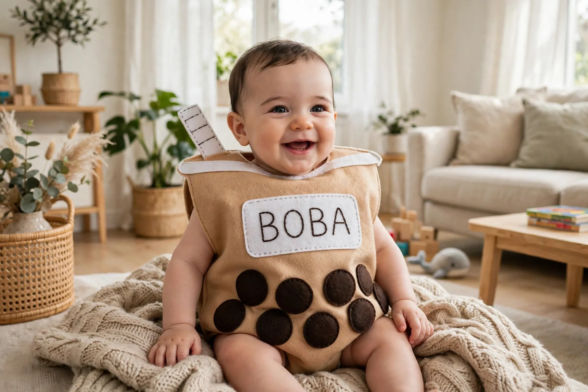 Baby dressed as a boba tea cup costume with a tan onesie, white felt label and dark boba pearls, sitting on a soft blanket