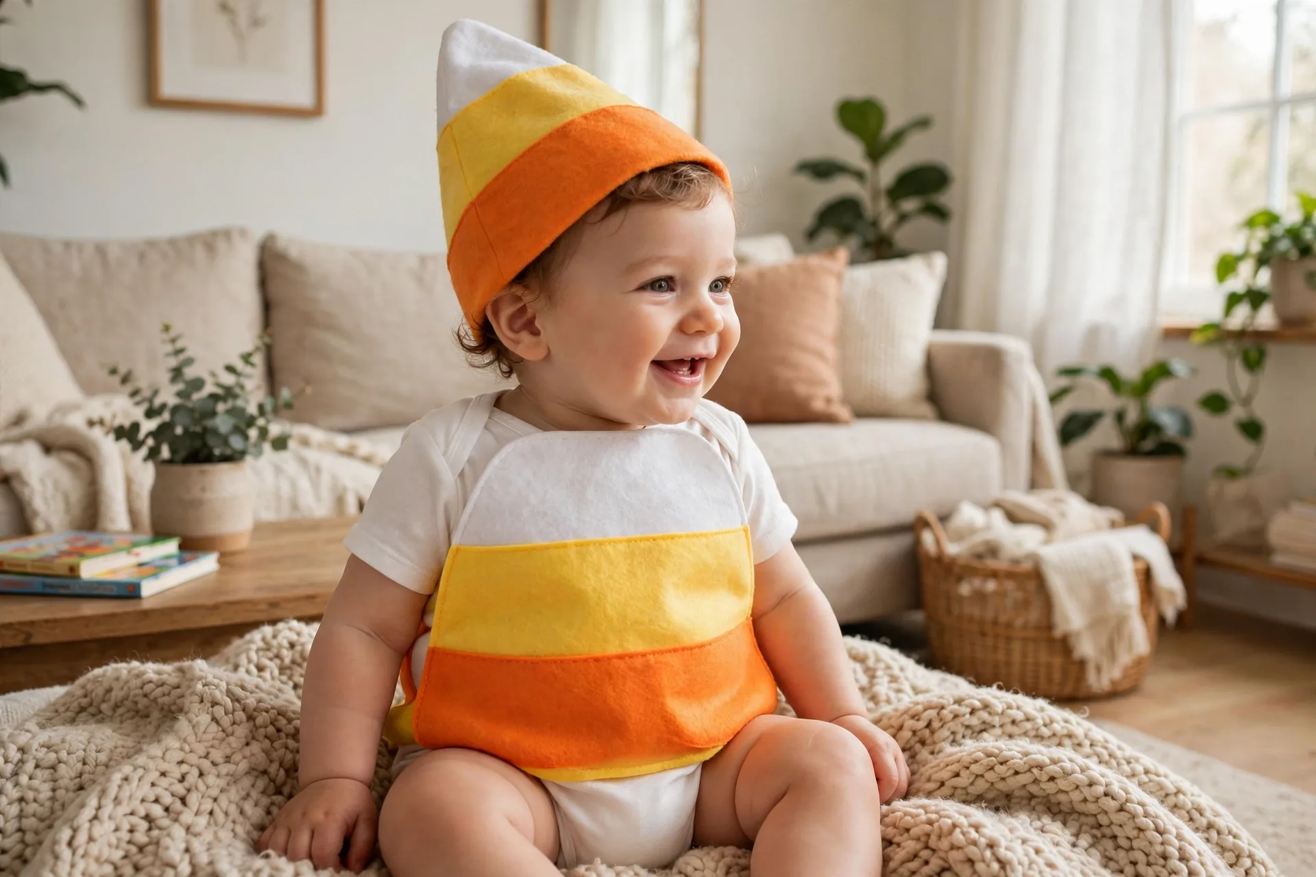 Baby dressed as a candy corn costume with white, yellow and orange felt bands on a white onesie, sitting on a soft blanket
