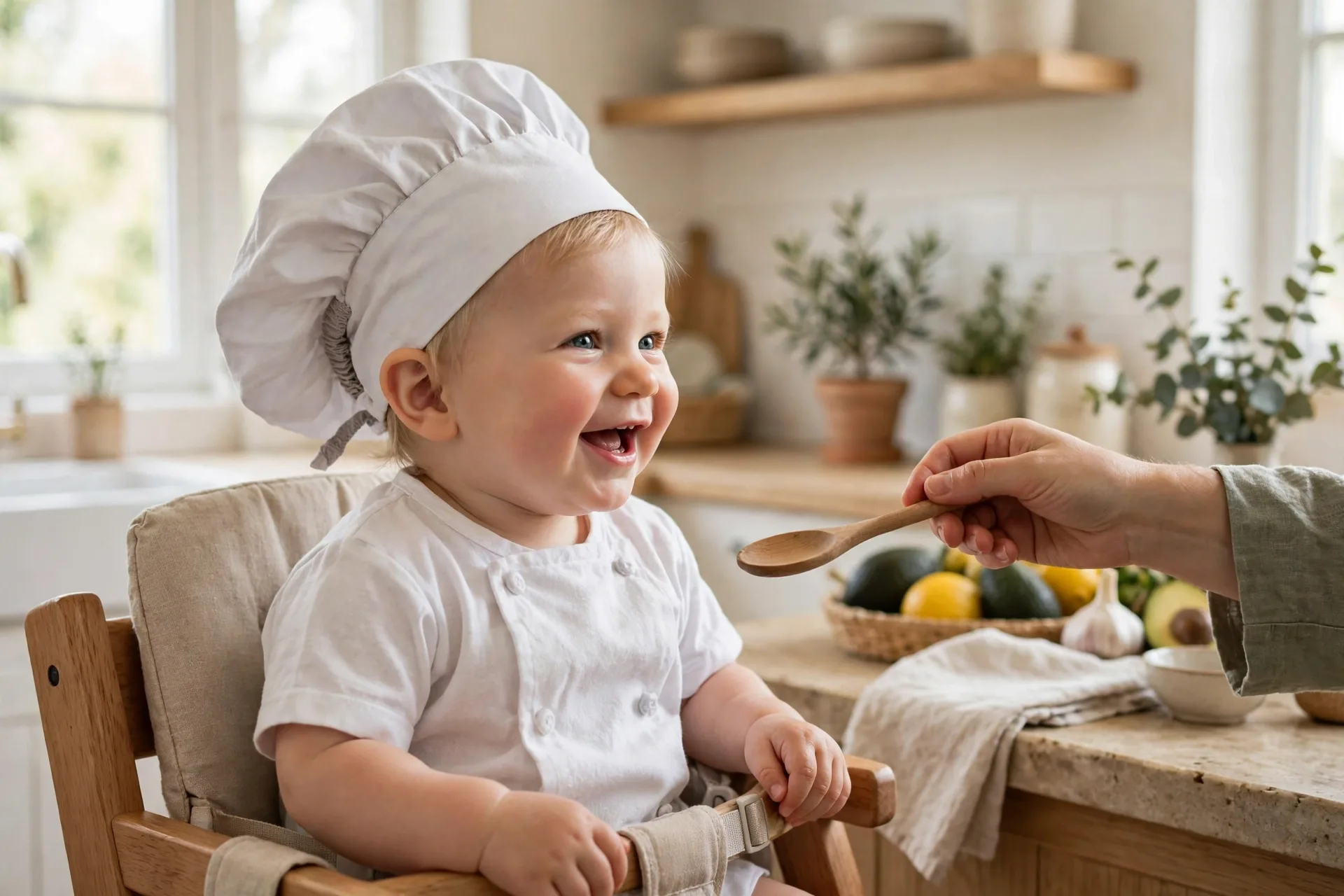 Baby dressed as a little chef costume with a white onesie and soft fabric chef hat, sitting in a high chair