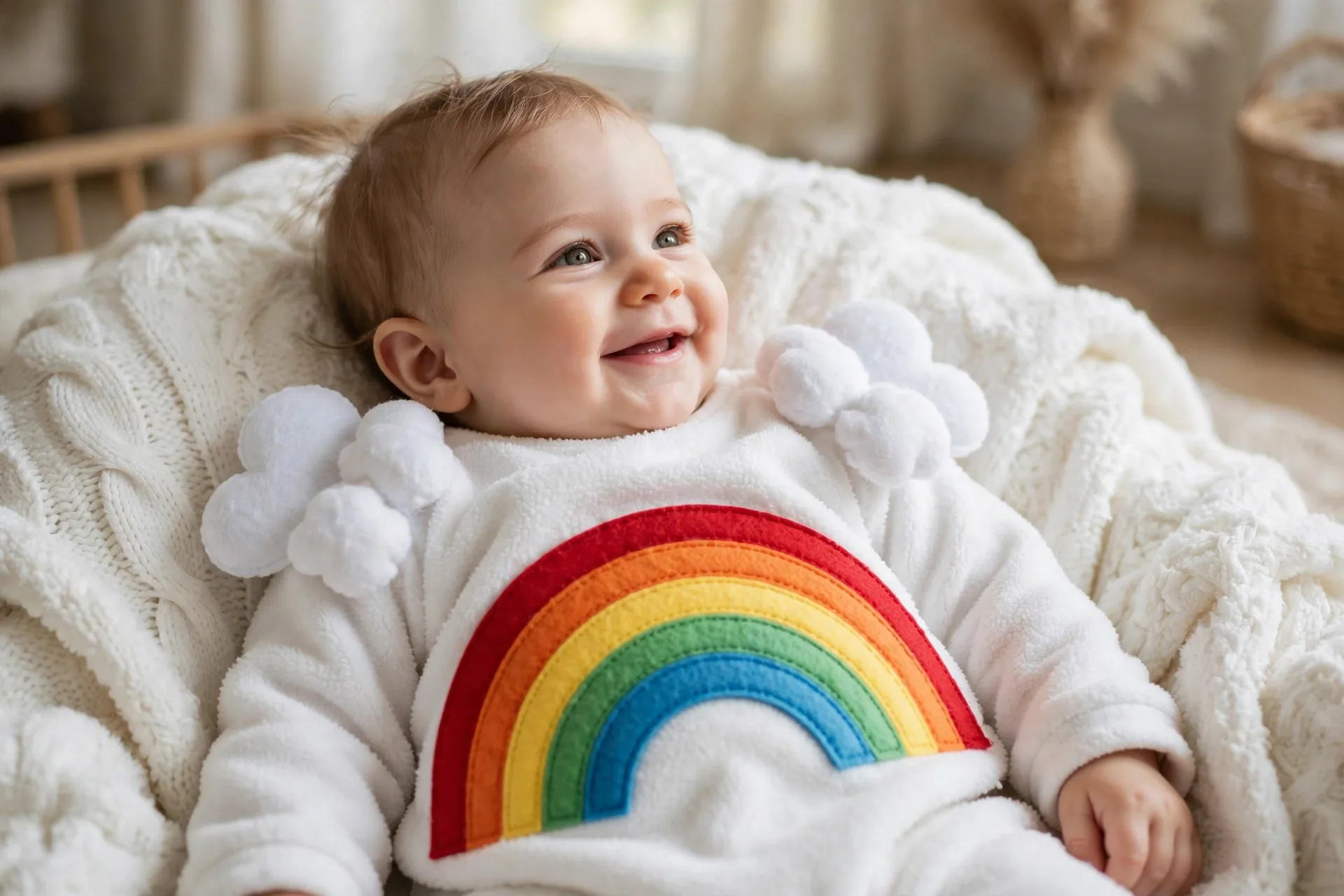 Baby dressed as a cloud and rainbow costume with a white fleece onesie and felt rainbow arc, lying on a soft white blanket