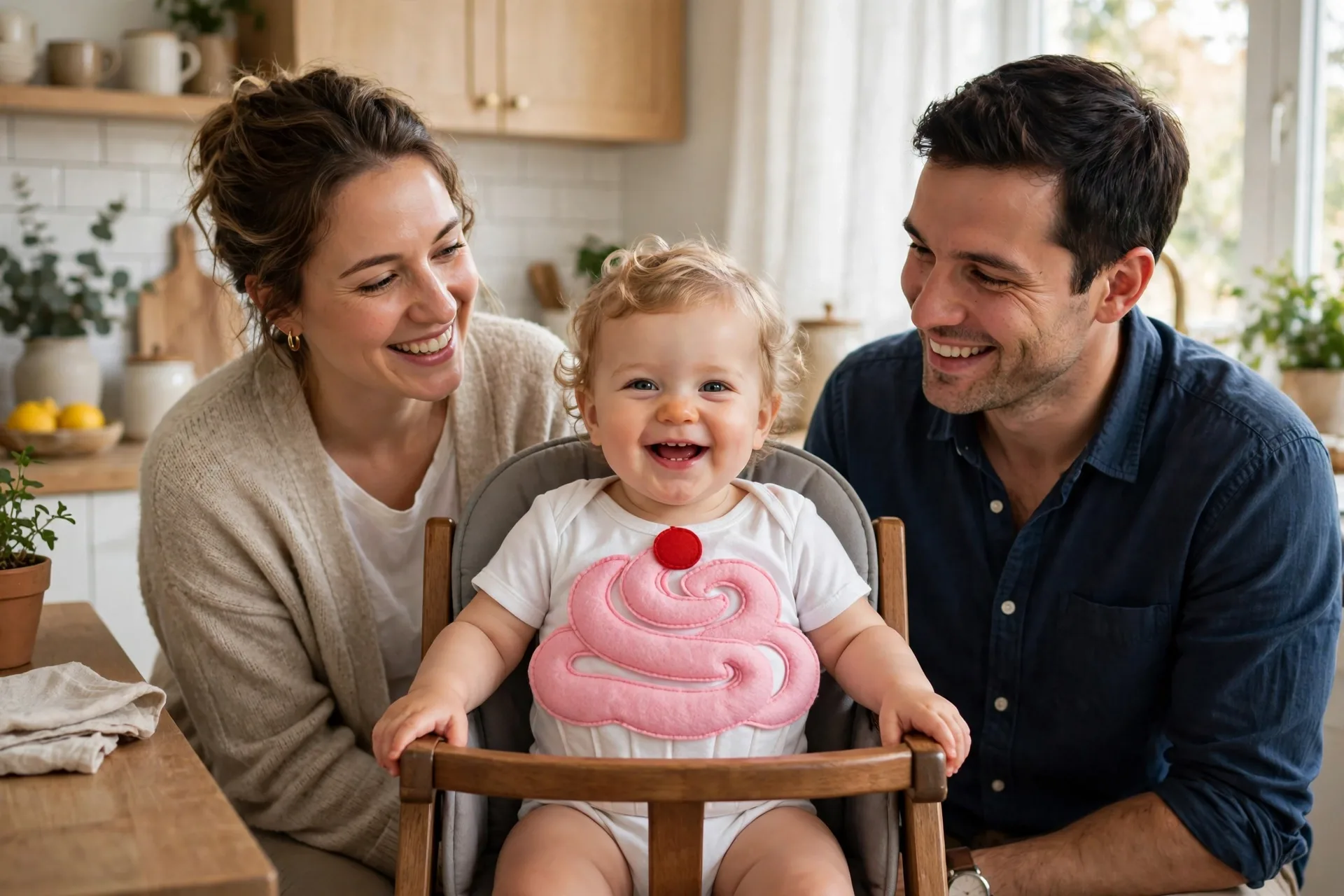 Baby dressed as a cupcake costume with a white onesie, pink felt frosting swirl and red cherry, sitting in a high chair
