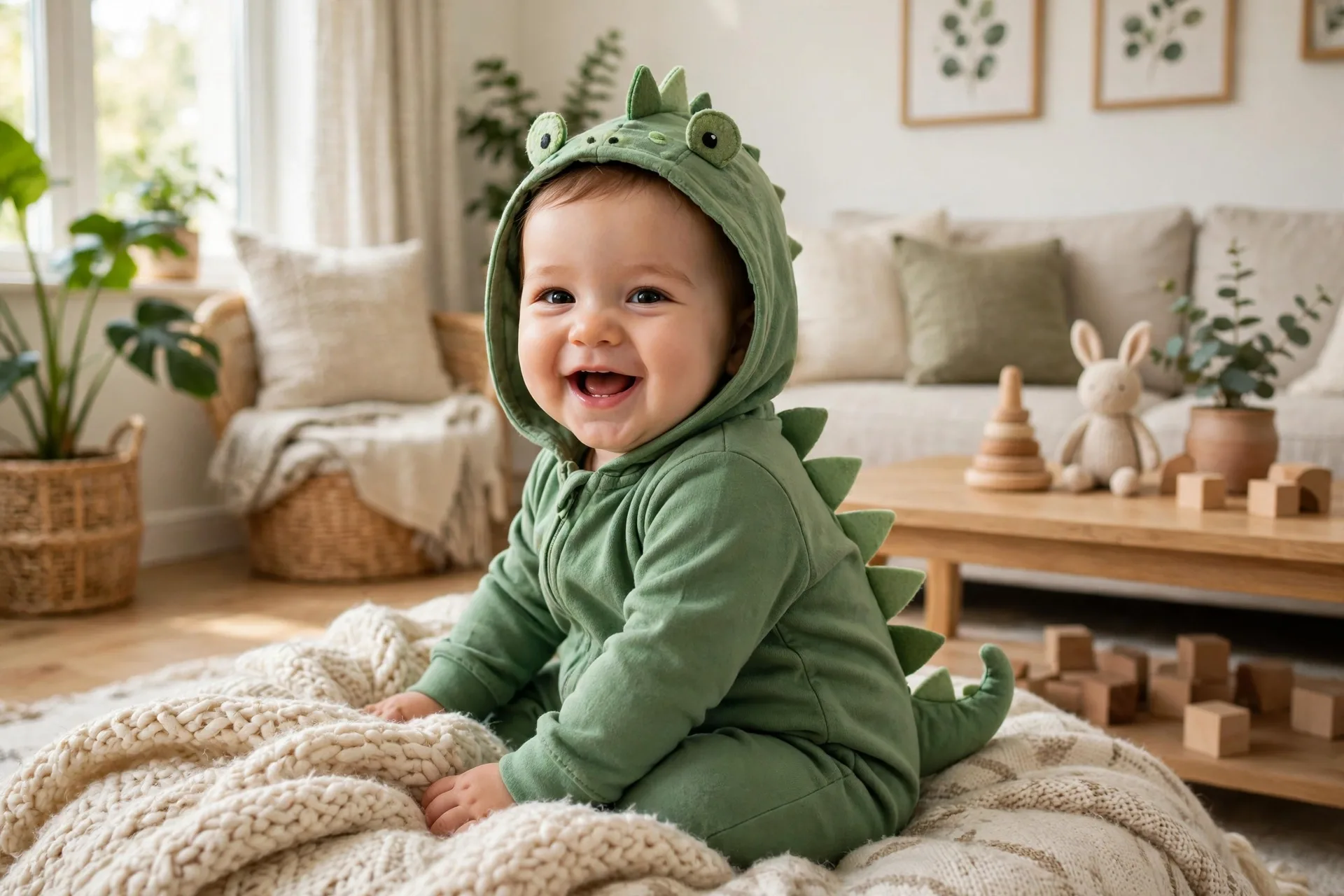 Baby dressed as a little dinosaur costume with a green onesie, soft felt spikes and tail, sitting on a soft blanket